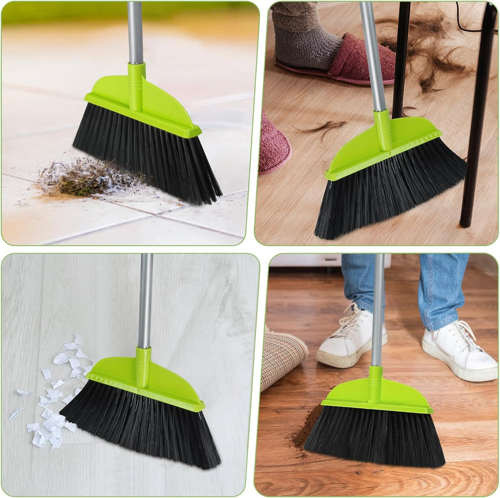 3 Packs Indoor Brooms for Sweeping Hardwood Floor Green Angle Broom with 55” Long Handle for Kitchenette Floor Cleaning