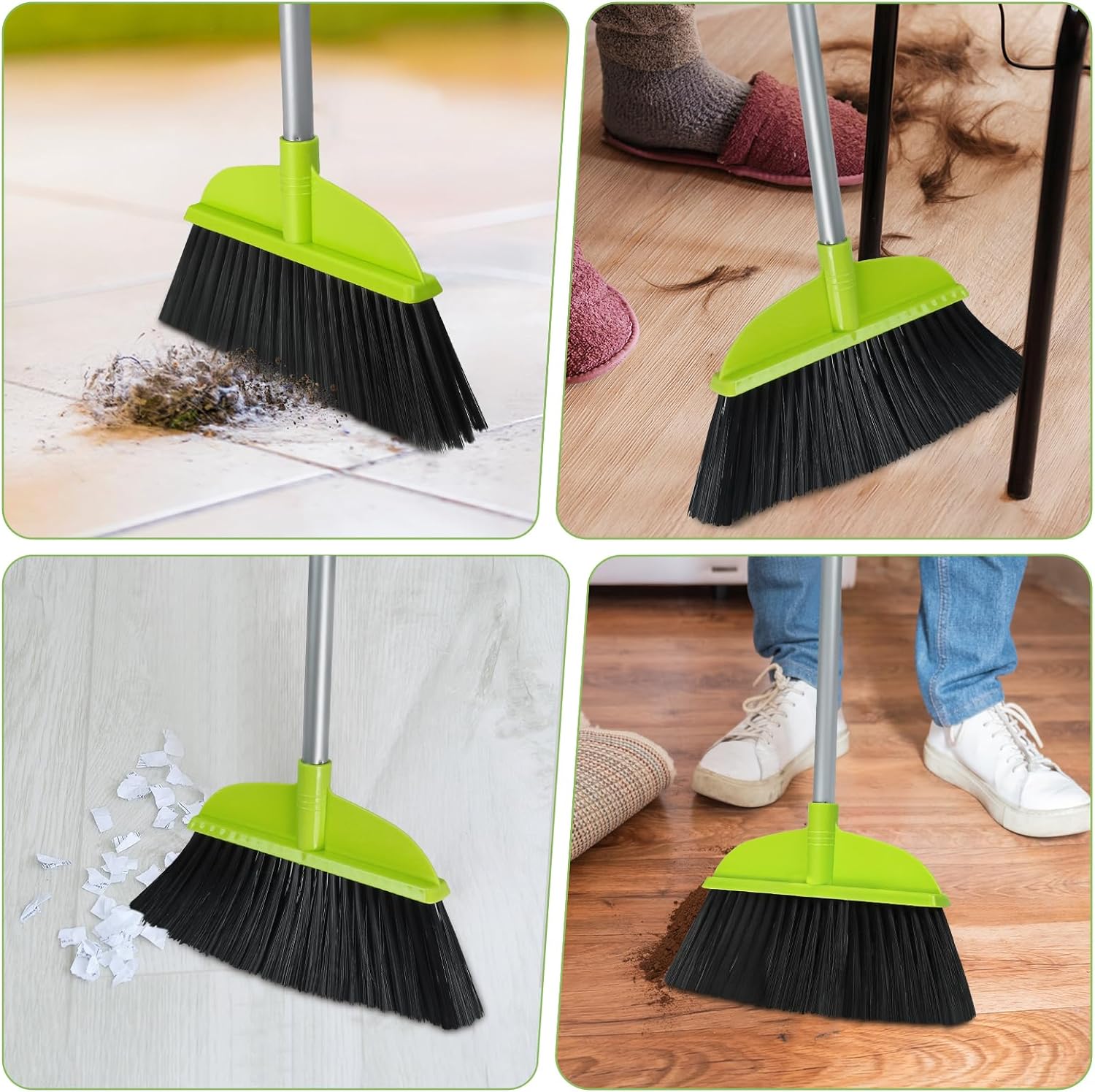 3 Packs Indoor Brooms for Sweeping Hardwood Floor Green Angle Broom with 55” Long Handle for Kitchenette Floor Cleaning