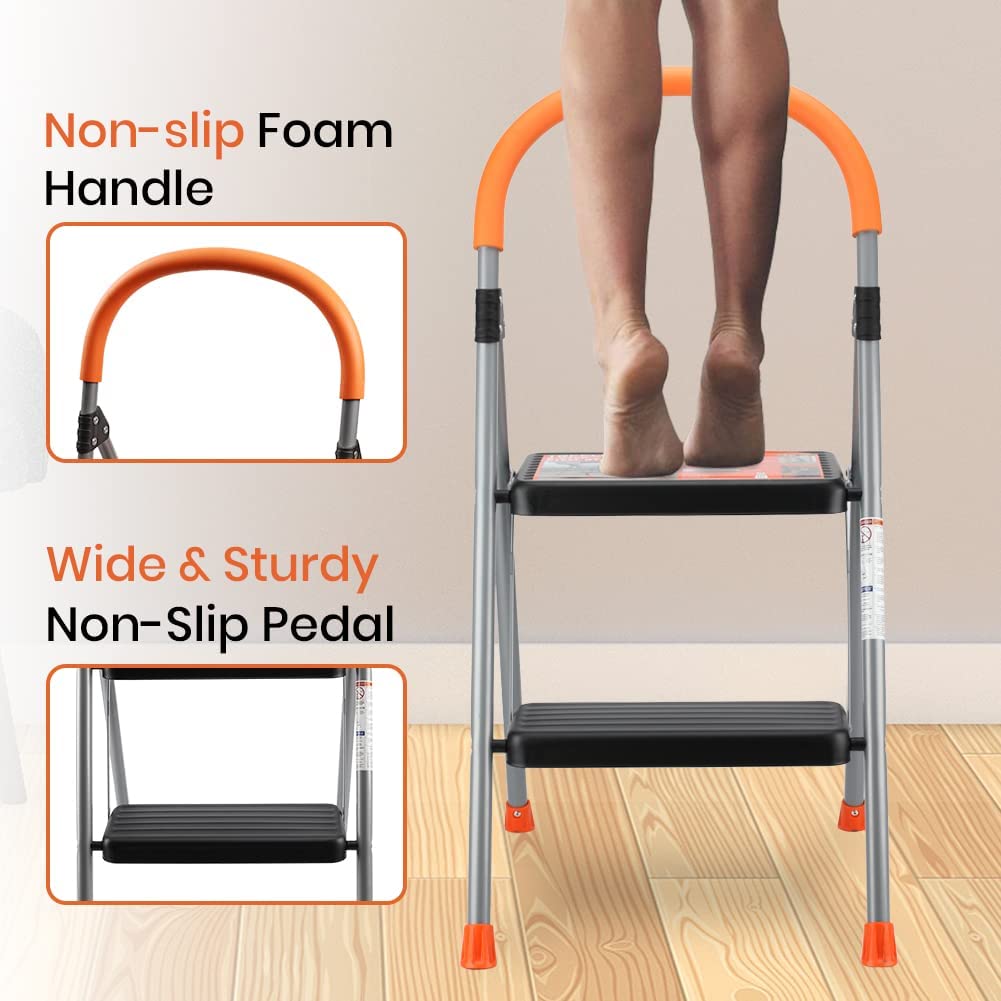 2-Step Ladder, 330lbs Capacity Folding Metal Step Stool for Adults, Portable Step Ladder, Anti-Slip, Sturdy （New Color）
