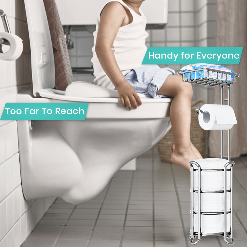 TreeLen Toilet Paper Holder Stand Toilet Tissue Roll Holder with Shelf for Bathroom Storage Holds Phone/Wipe/Mega Rolls-Shiny Chrome