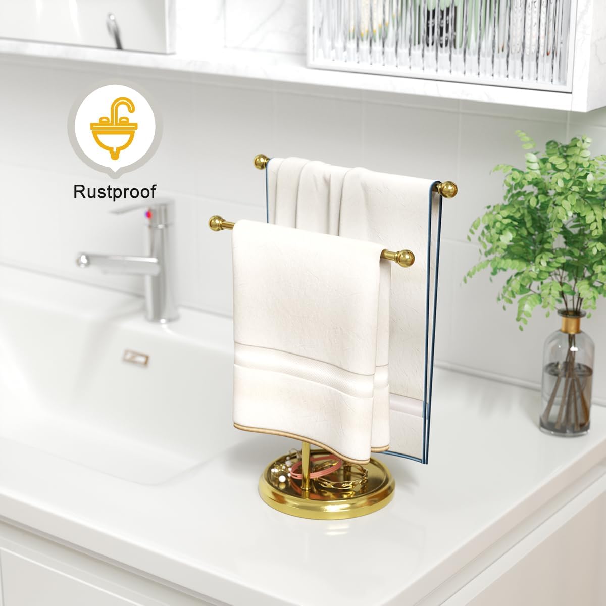 15” Standing Hand Towel Holder with Heavy Base Gold Towel Rack for Bathroom Vanity Countertop Stainless Steel Towel Holder Free Standing Towel Ring Hardware Accessories