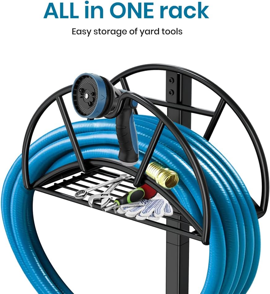 Garden Hose Stand Water Hose Holders for Outside Hose Storage Hanger with Extra Shelf Rack Freestanding -Black