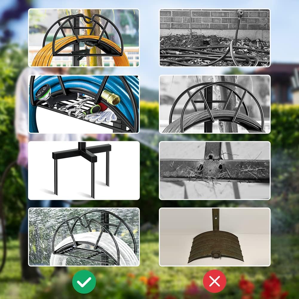 Garden Hose Stand Water Hose Holders for Outside Hose Storage Hanger with Extra Shelf Rack Freestanding -Black