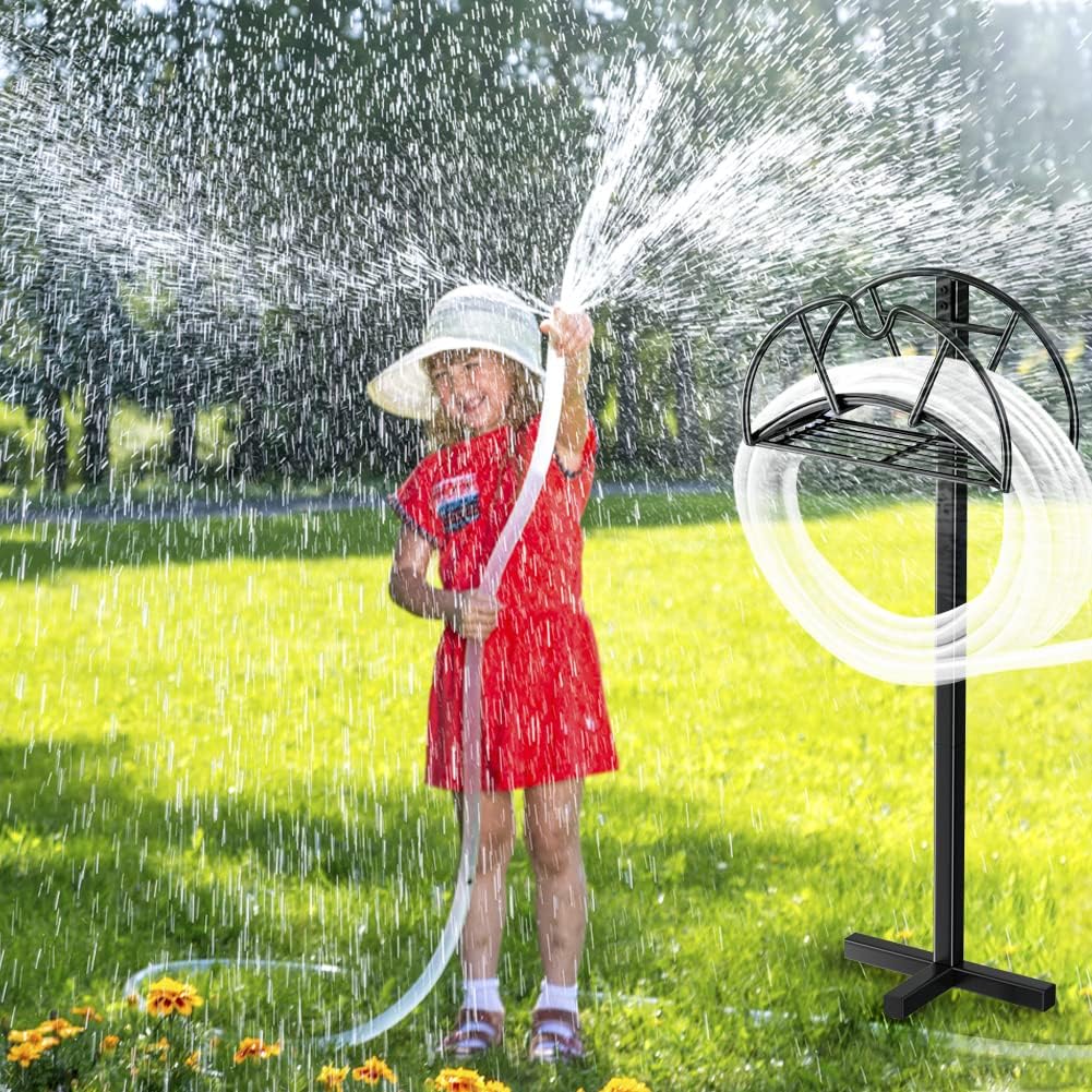 Garden Hose Stand Water Hose Holders for Outside Hose Storage Hanger with Extra Shelf Rack Freestanding -Black