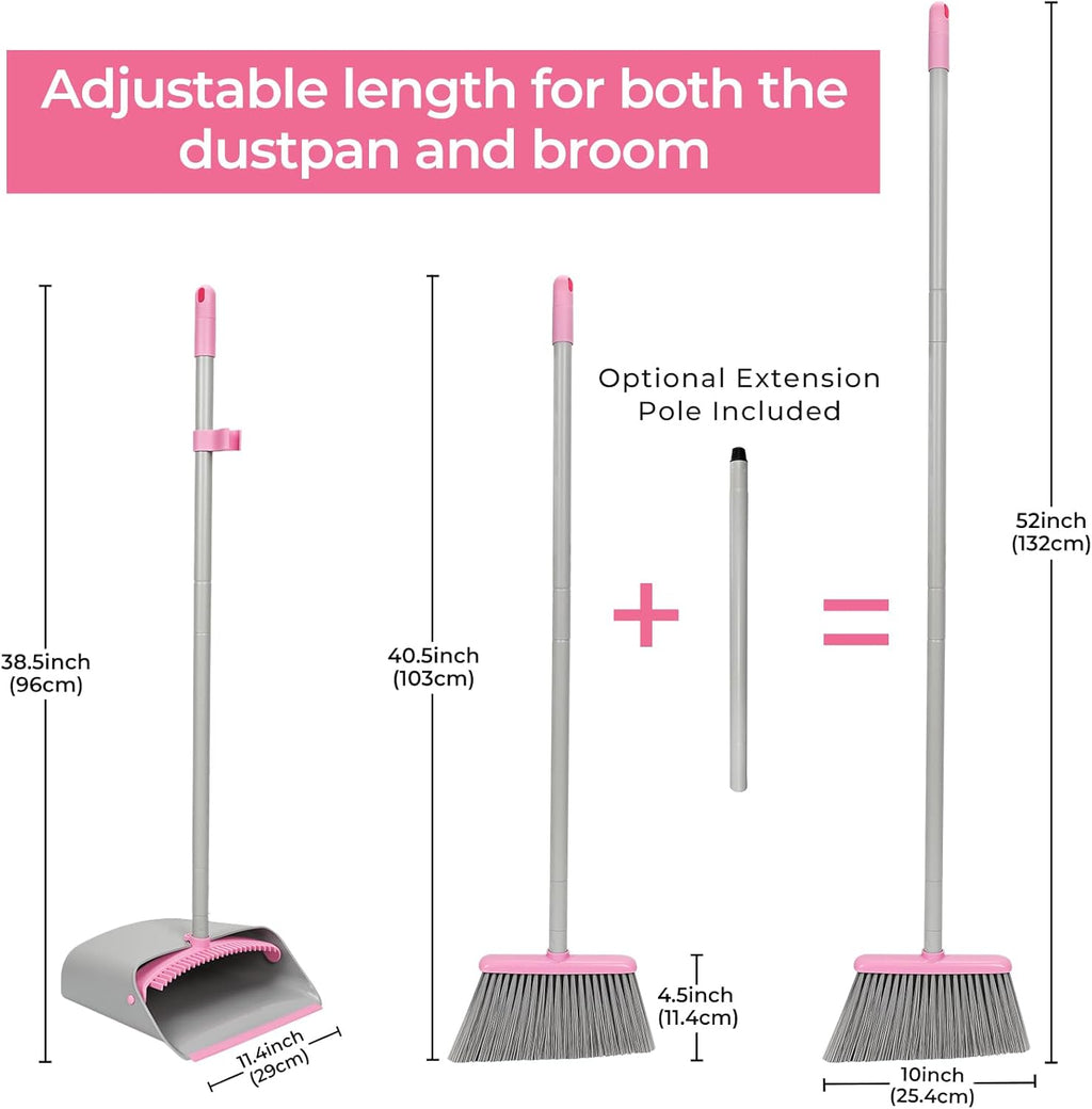 Pink Broom with Dustpan Combo Set，52" Brooms for Sweeping Indoor Broom and Dustpan Set for Home Kitchen Office Lobby Floor Standing Dust Pan