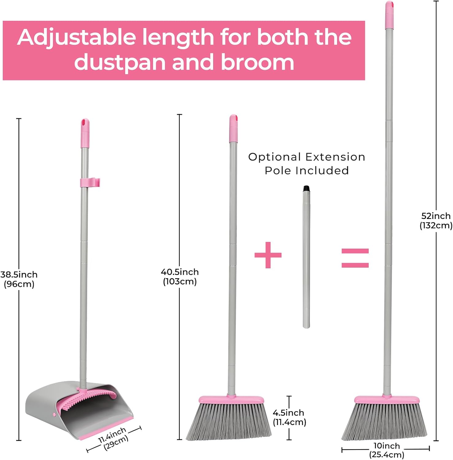 Pink Broom with Dustpan Combo Set，52" Brooms for Sweeping Indoor Broom and Dustpan Set for Home Kitchen Office Lobby Floor Standing Dust Pan