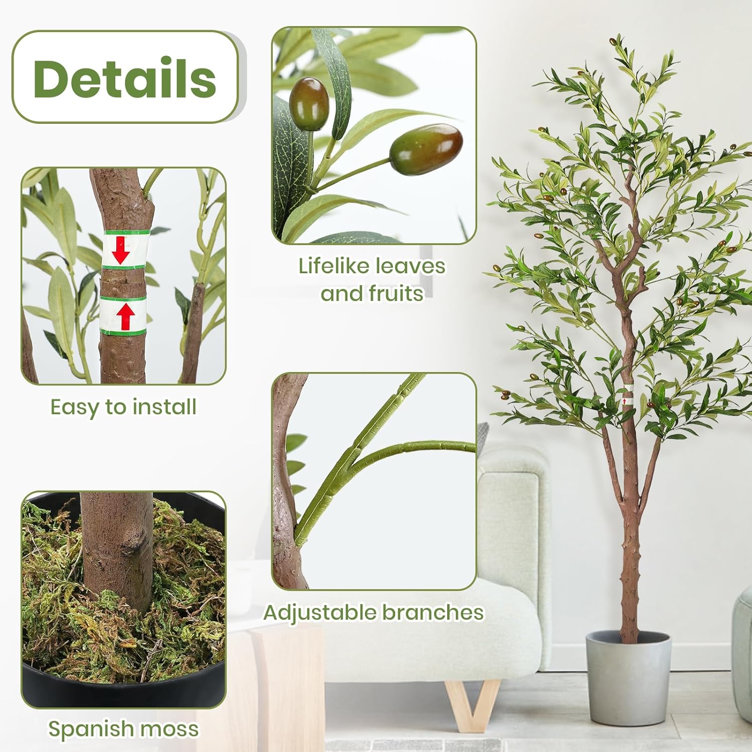 Artificial Olive Trees for Home Decor Indoor 6ft (798 Leaves, 48fruits) Tall Fake Silk Plants Large Faux Plant Tree for Office