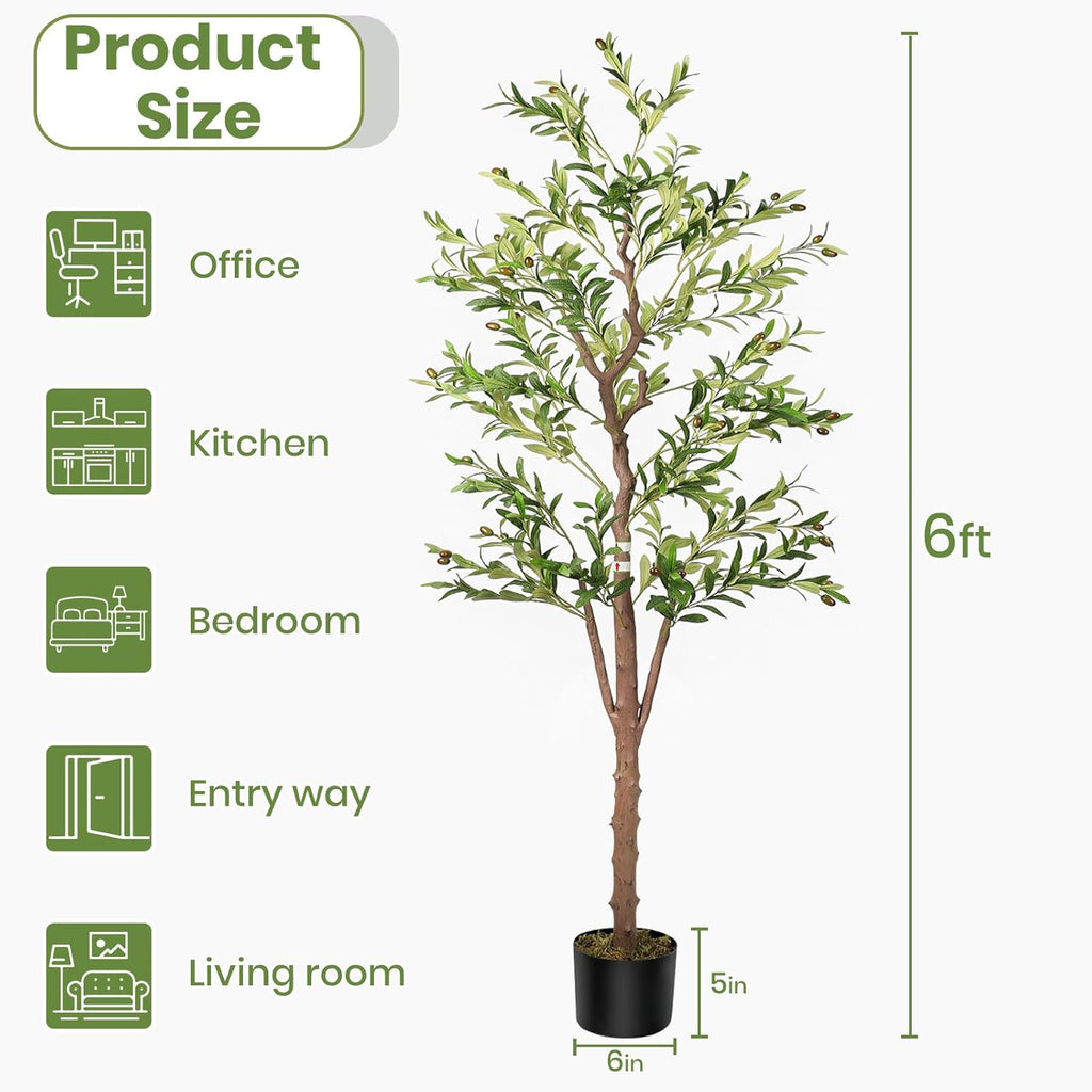 Artificial Olive Trees for Home Decor Indoor 6ft (798 Leaves, 48fruits) Tall Fake Silk Plants Large Faux Plant Tree for Office