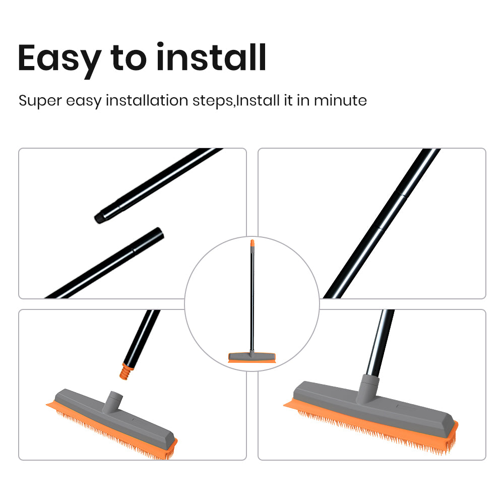 Rubber Broom Pet Hair Broom with Squeege Push Broom Carpet Rake