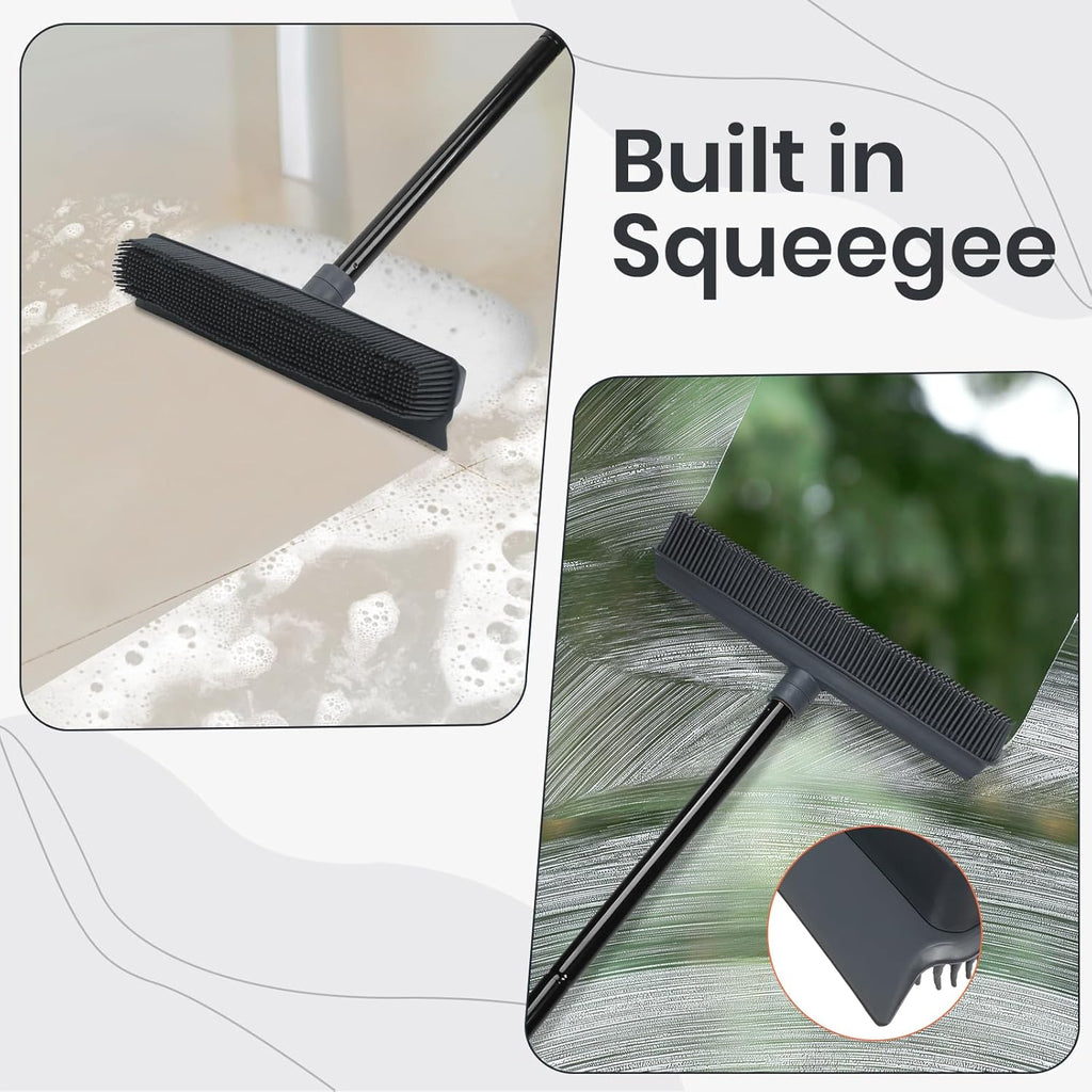Pet Hair Removal Rubber Broom with Squeegee Carpet Rake for Fluff Rug Silicone Broom for Hardwood Floor