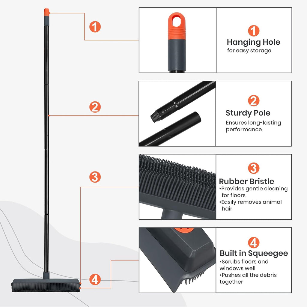 Pet Hair Removal Rubber Broom with Squeegee Carpet Rake for Fluff Rug Silicone Broom for Hardwood Floor