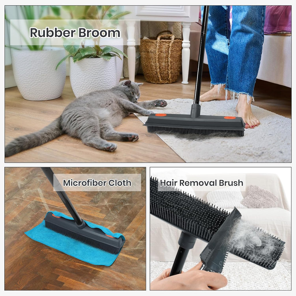 Pet Hair Removal Rubber Broom with Squeegee Carpet Rake for Fluff Rug Silicone Broom for Hardwood Floor