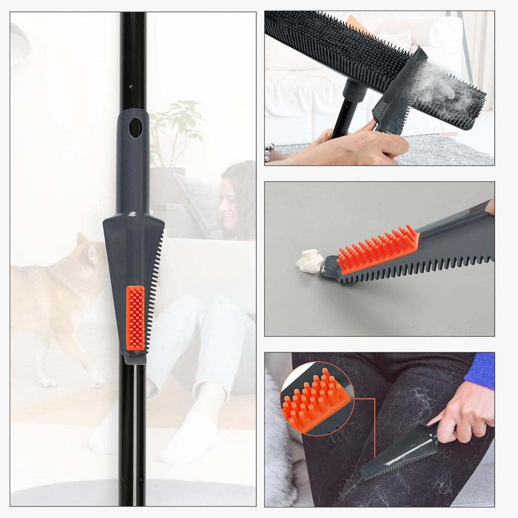 Pet Hair Removal Rubber Broom with Squeegee Carpet Rake for Fluff Rug Silicone Broom for Hardwood Floor