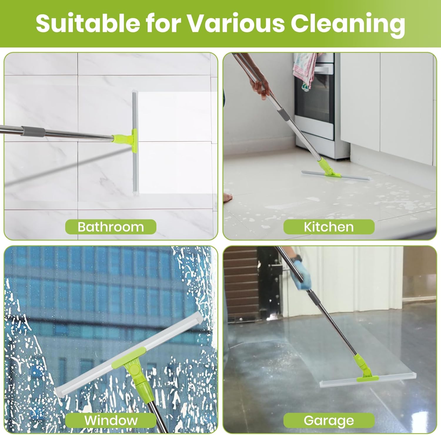 Floor Squeegee with 59" Long Handle, Squeegee Broom for Floor with 180° Rotating Head, Silicone Magic Broom for Garage Deck Patio Bathroom Kitchen