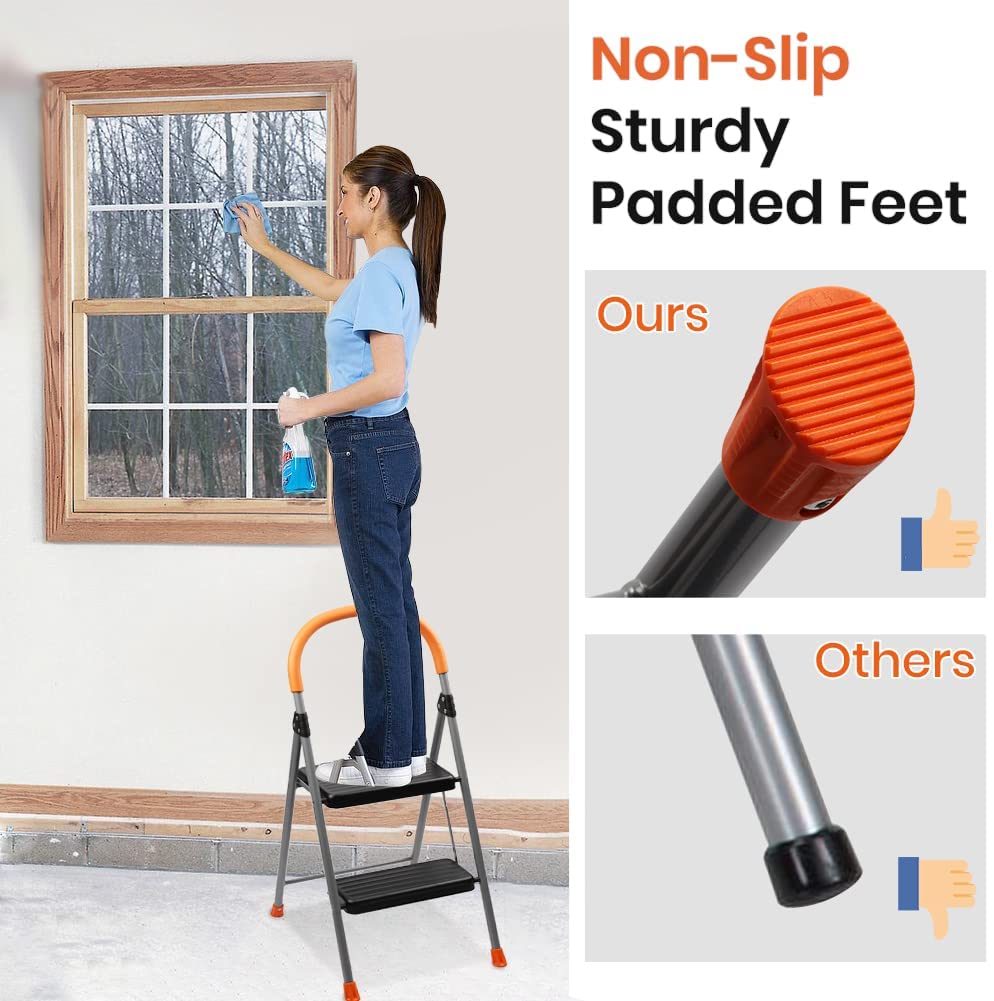 2-Step Ladder, 330lbs Capacity Folding Metal Step Stool for Adults, Portable Step Ladder, Anti-Slip, Sturdy （New Color）