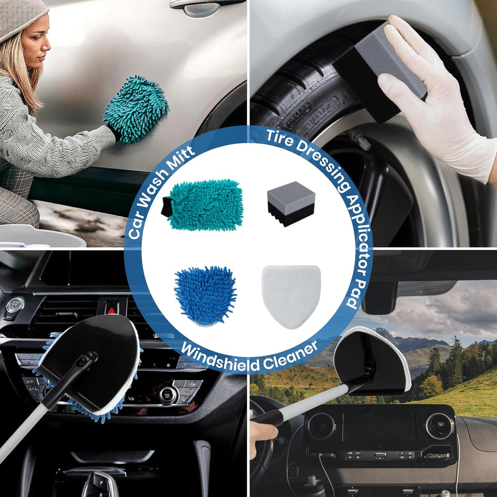 Car Wash Kit with Bucket Portable Car Detailing Kit with Foldable Bucket, Chenille Wash Mitt, Tire Dressing Applicator Pad, Car Window Cleaning Tool with 2 Replacement Pads