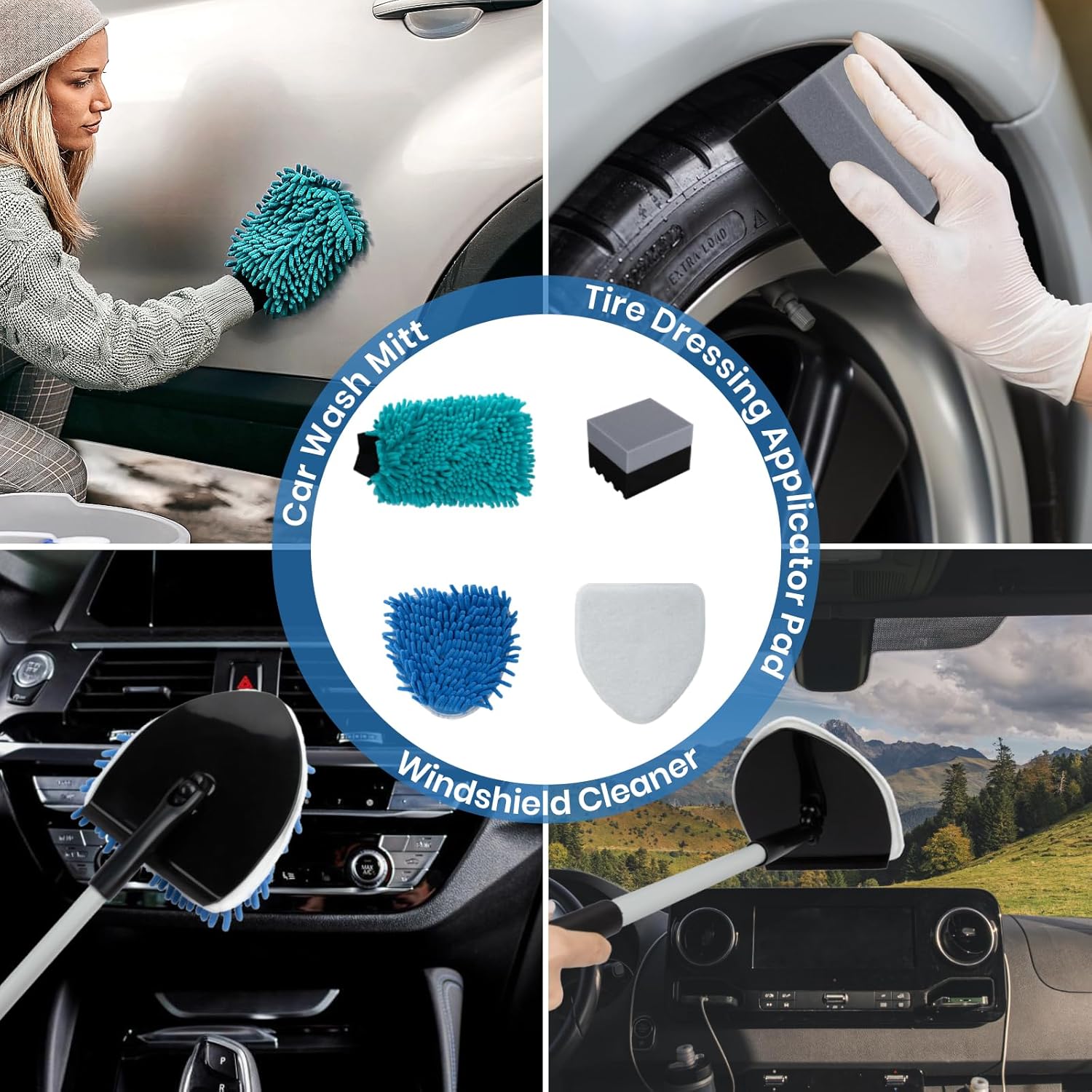 Car Wash Kit with Bucket Portable Car Detailing Kit with Foldable Bucket, Chenille Wash Mitt, Tire Dressing Applicator Pad, Car Window Cleaning Tool with 2 Replacement Pads
