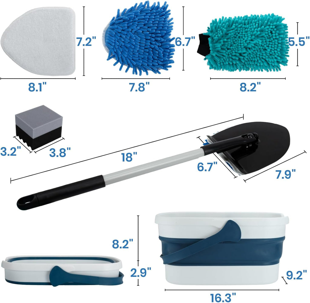 Car Wash Kit with Bucket Portable Car Detailing Kit with Foldable Bucket, Chenille Wash Mitt, Tire Dressing Applicator Pad, Car Window Cleaning Tool with 2 Replacement Pads