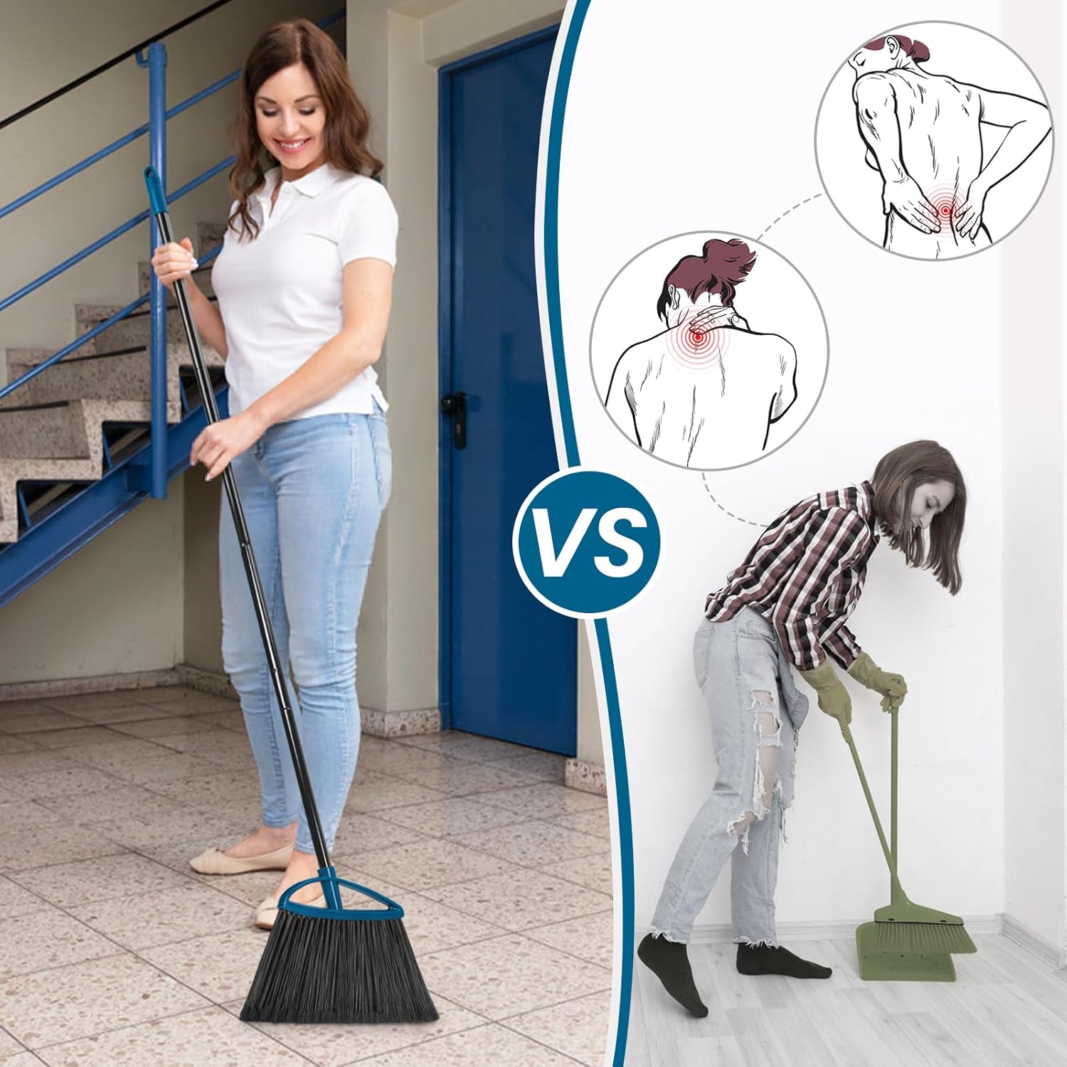 TREELEN 3 Pack Heavy Duty Broom Outdoor with 60" Long Handle Stiff Bristle Kitchen Broom for Sweeping Indoor Angle Broom for Shop Restaurant Garage Patio