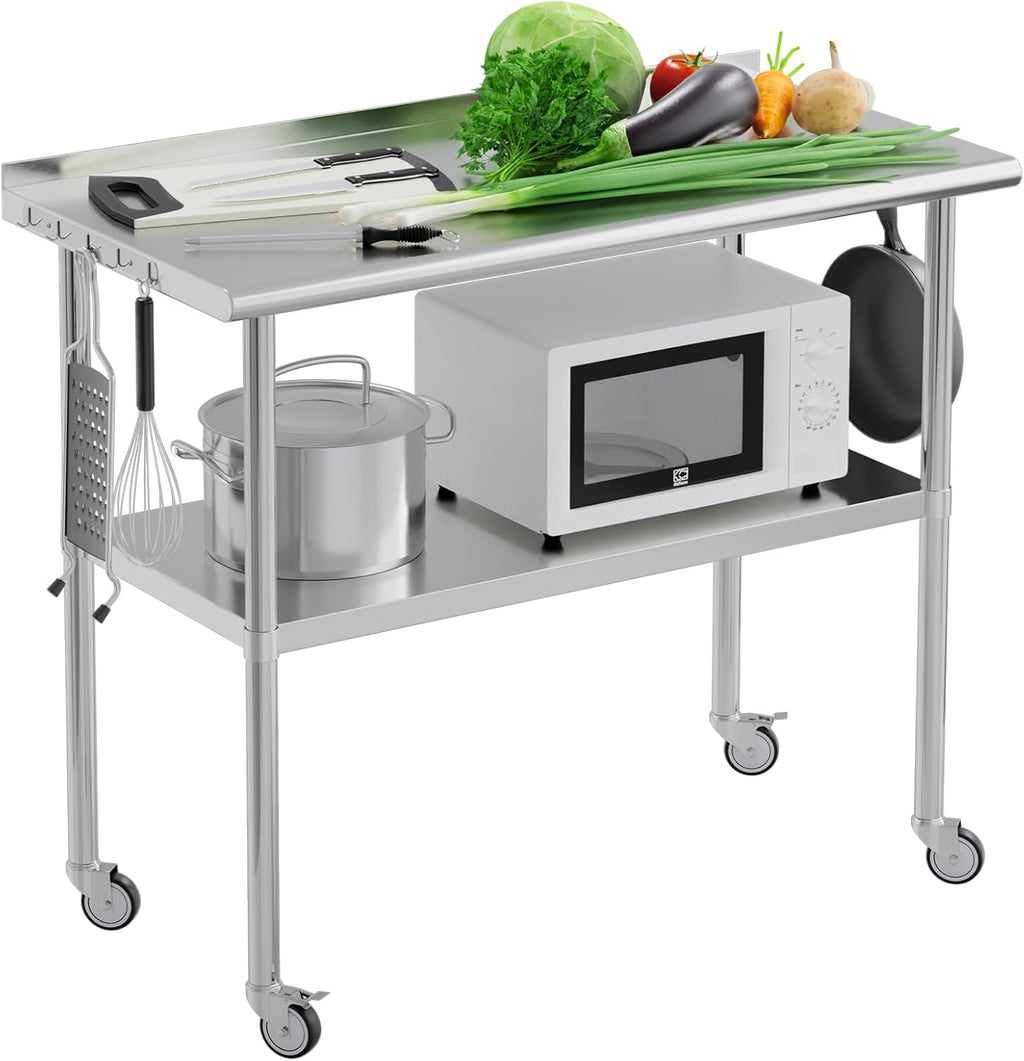 Stainless Steel Table for Prep & Work 24x48 with Backsplash,Wheels,Hooks - Adjustable Height,Work Tables with Undershelf, Easy Assembly, Ideal for Kitchen, Restaurant, Hotel, Home