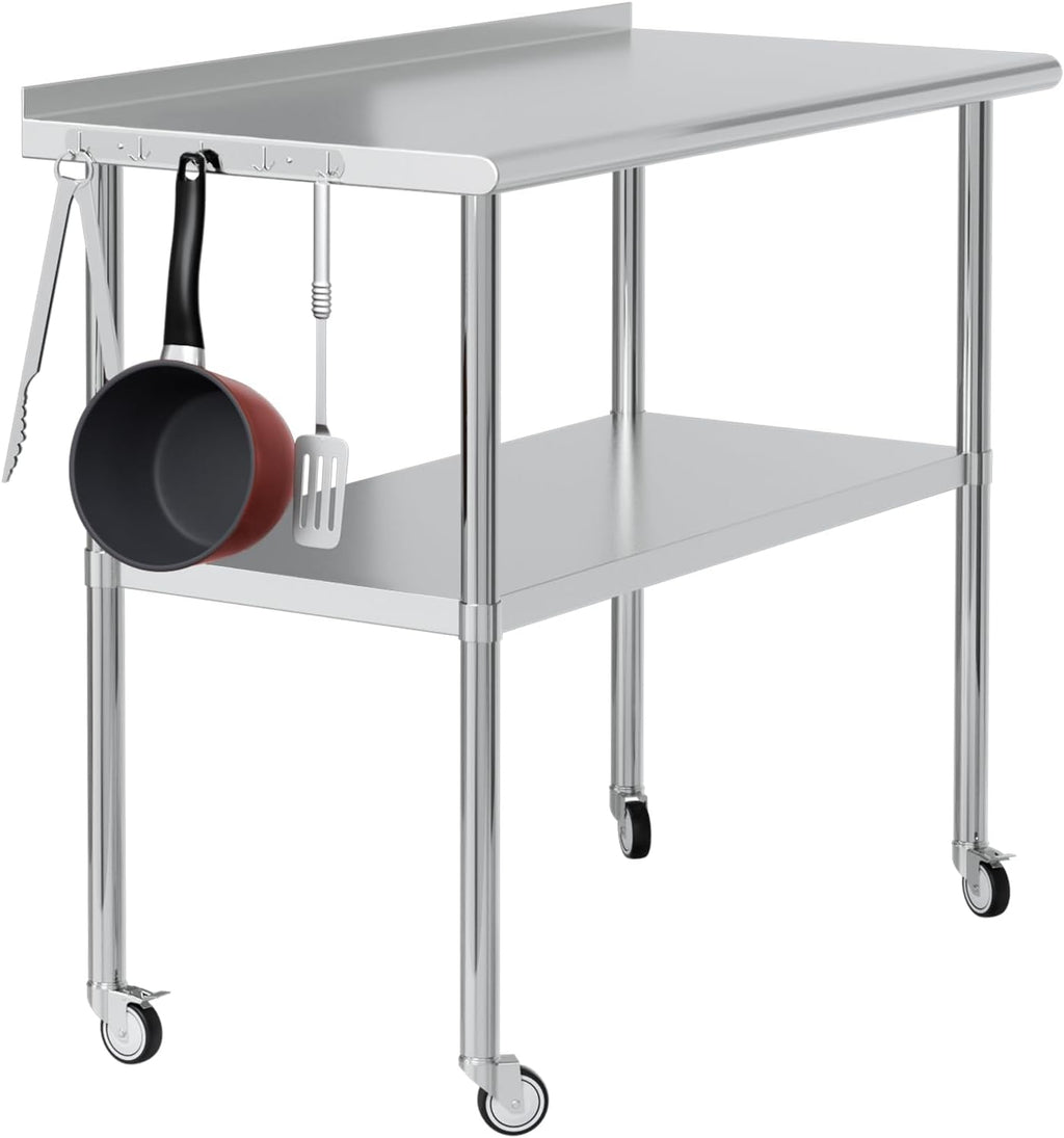 Stainless Steel Table for Prep & Work 24x48 with Backsplash,Wheels,Hooks - Adjustable Height,Work Tables with Undershelf, Easy Assembly, Ideal for Kitchen, Restaurant, Hotel, Home