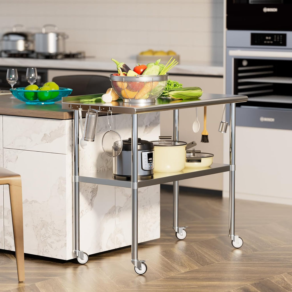 Stainless Steel Table for Prep & Work 24x48 with Backsplash,Wheels,Hooks - Adjustable Height,Work Tables with Undershelf, Easy Assembly, Ideal for Kitchen, Restaurant, Hotel, Home