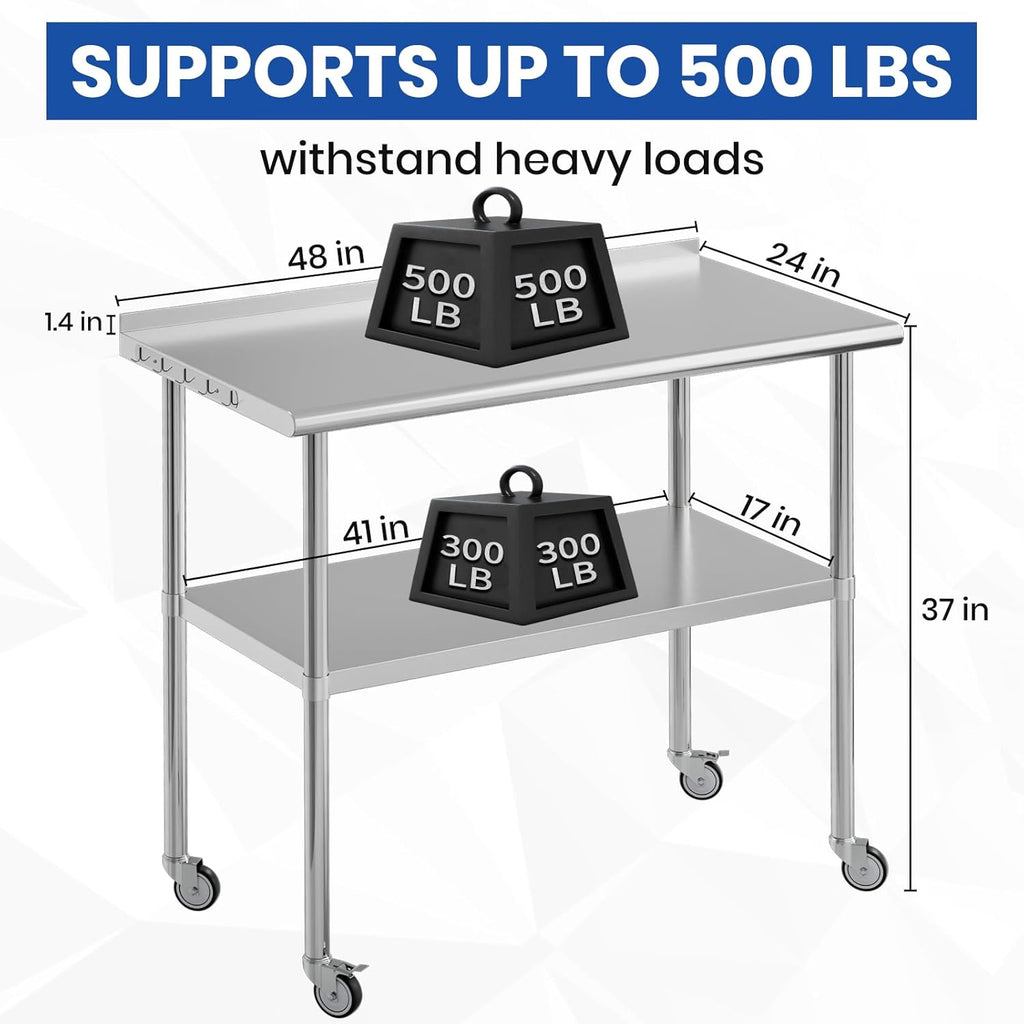 Stainless Steel Table for Prep & Work 24x48 with Backsplash,Wheels,Hooks - Adjustable Height,Work Tables with Undershelf, Easy Assembly, Ideal for Kitchen, Restaurant, Hotel, Home