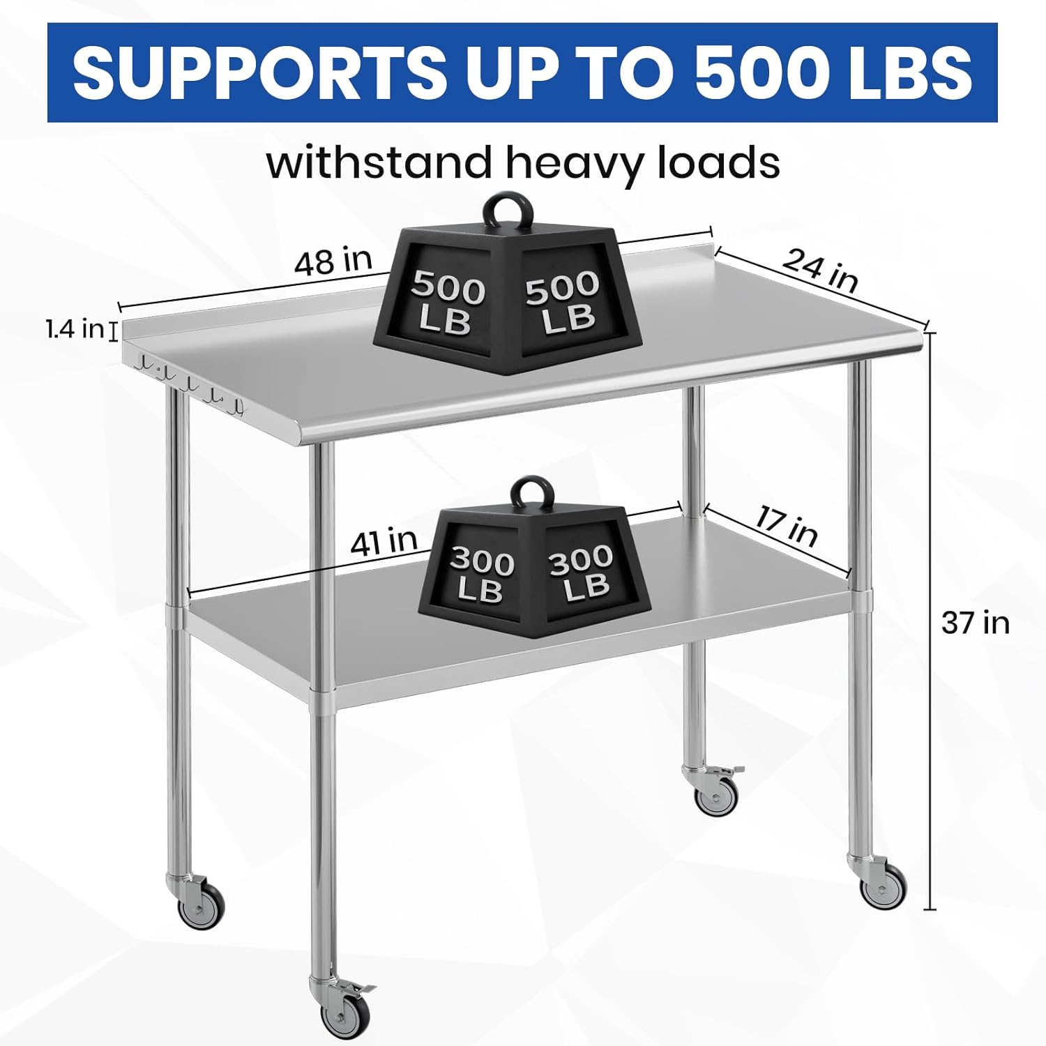 Stainless Steel Table for Prep & Work 24x48 with Backsplash,Wheels,Hooks - Adjustable Height,Work Tables with Undershelf, Easy Assembly, Ideal for Kitchen, Restaurant, Hotel, Home