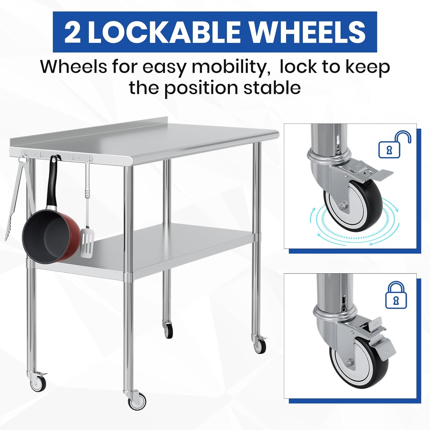 Stainless Steel Table for Prep & Work 24x48 with Backsplash,Wheels,Hooks - Adjustable Height,Work Tables with Undershelf, Easy Assembly, Ideal for Kitchen, Restaurant, Hotel, Home
