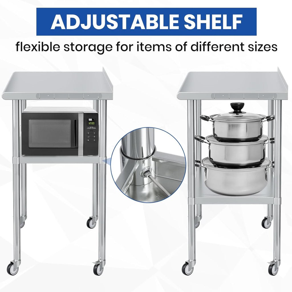 Stainless Steel Table for Prep & Work 24x48 with Backsplash,Wheels,Hooks - Adjustable Height,Work Tables with Undershelf, Easy Assembly, Ideal for Kitchen, Restaurant, Hotel, Home