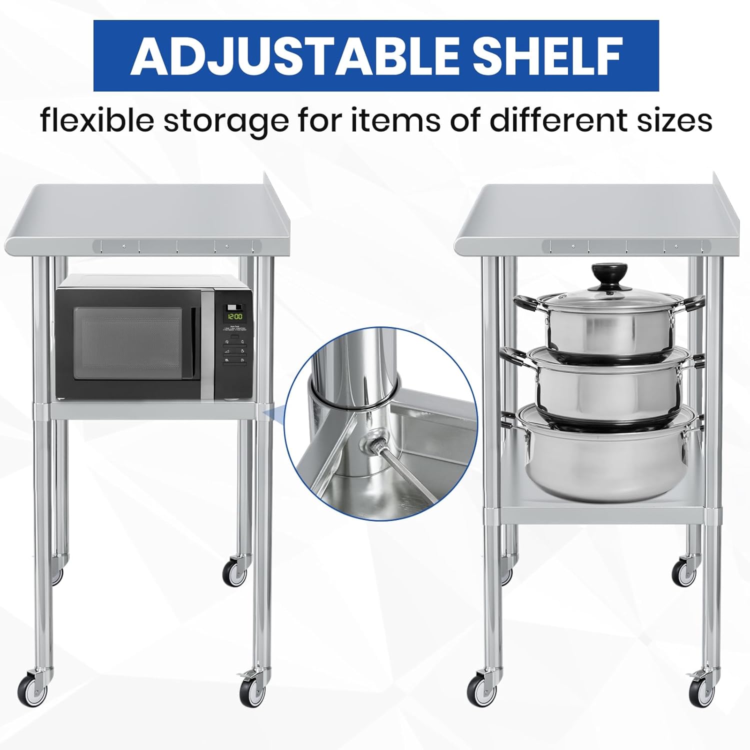 Stainless Steel Table for Prep & Work 24x48 with Backsplash,Wheels,Hooks - Adjustable Height,Work Tables with Undershelf, Easy Assembly, Ideal for Kitchen, Restaurant, Hotel, Home