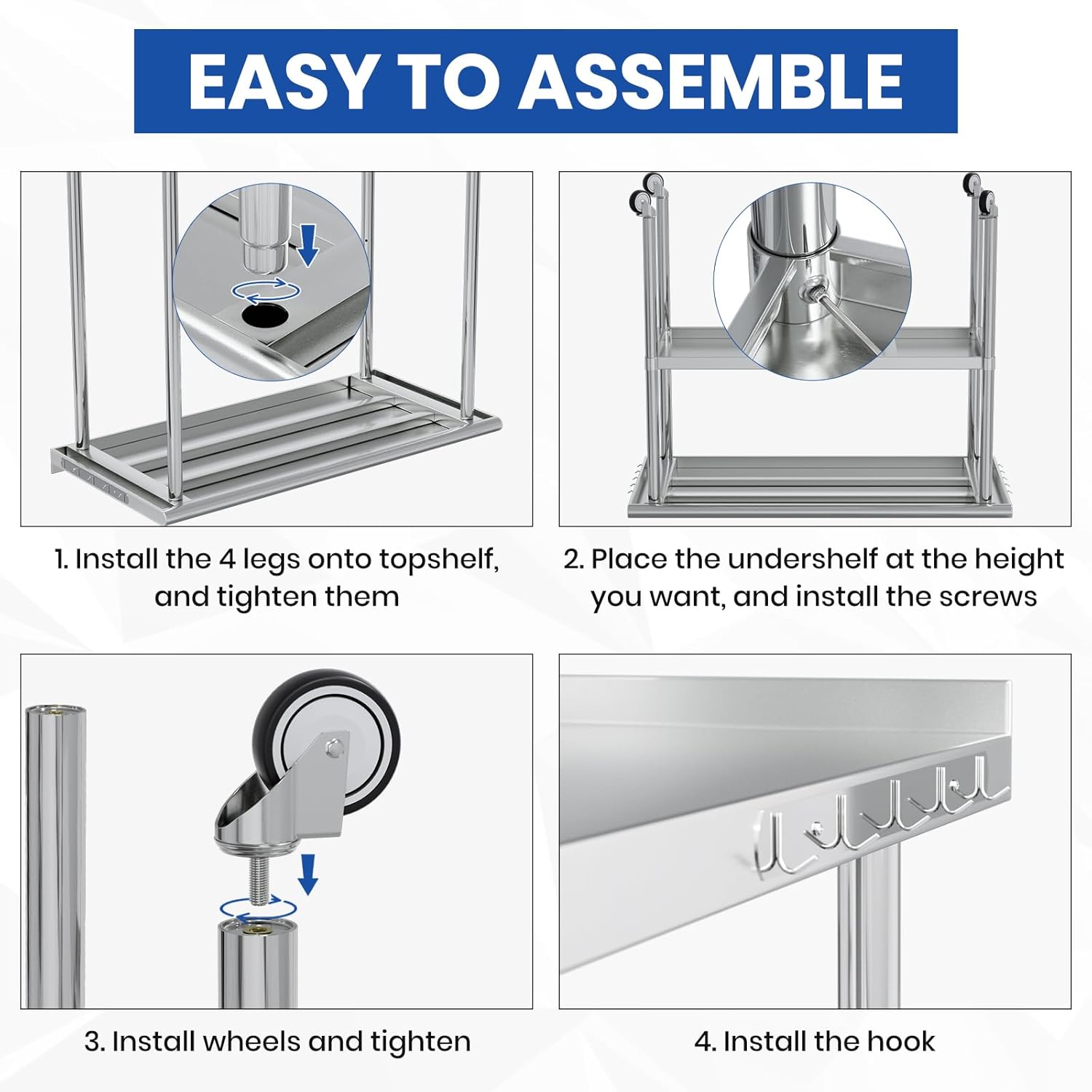 Stainless Steel Table for Prep & Work 24x48 with Backsplash,Wheels,Hooks - Adjustable Height,Work Tables with Undershelf, Easy Assembly, Ideal for Kitchen, Restaurant, Hotel, Home