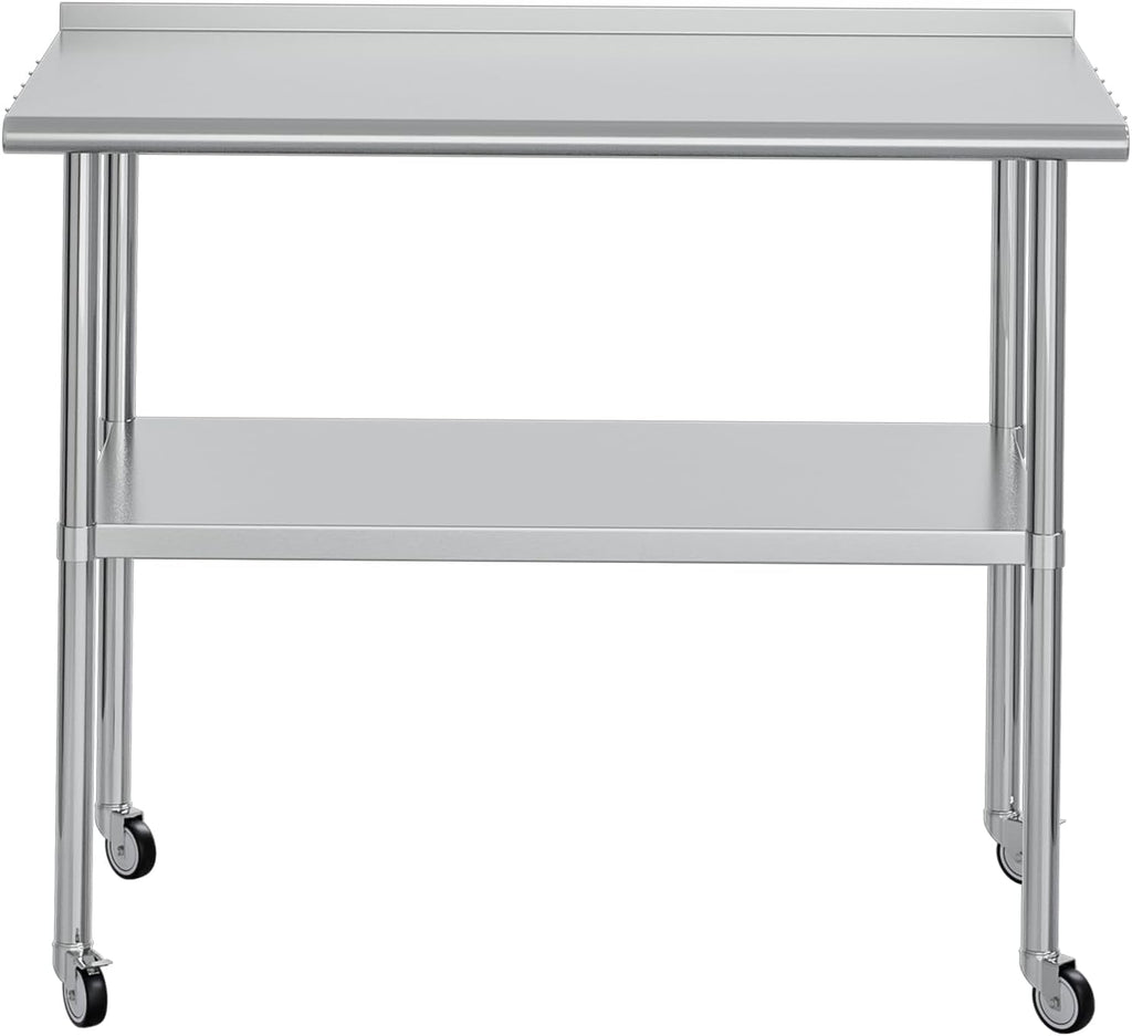 Stainless Steel Table for Prep & Work 24x48 with Backsplash,Wheels,Hooks - Adjustable Height,Work Tables with Undershelf, Easy Assembly, Ideal for Kitchen, Restaurant, Hotel, Home