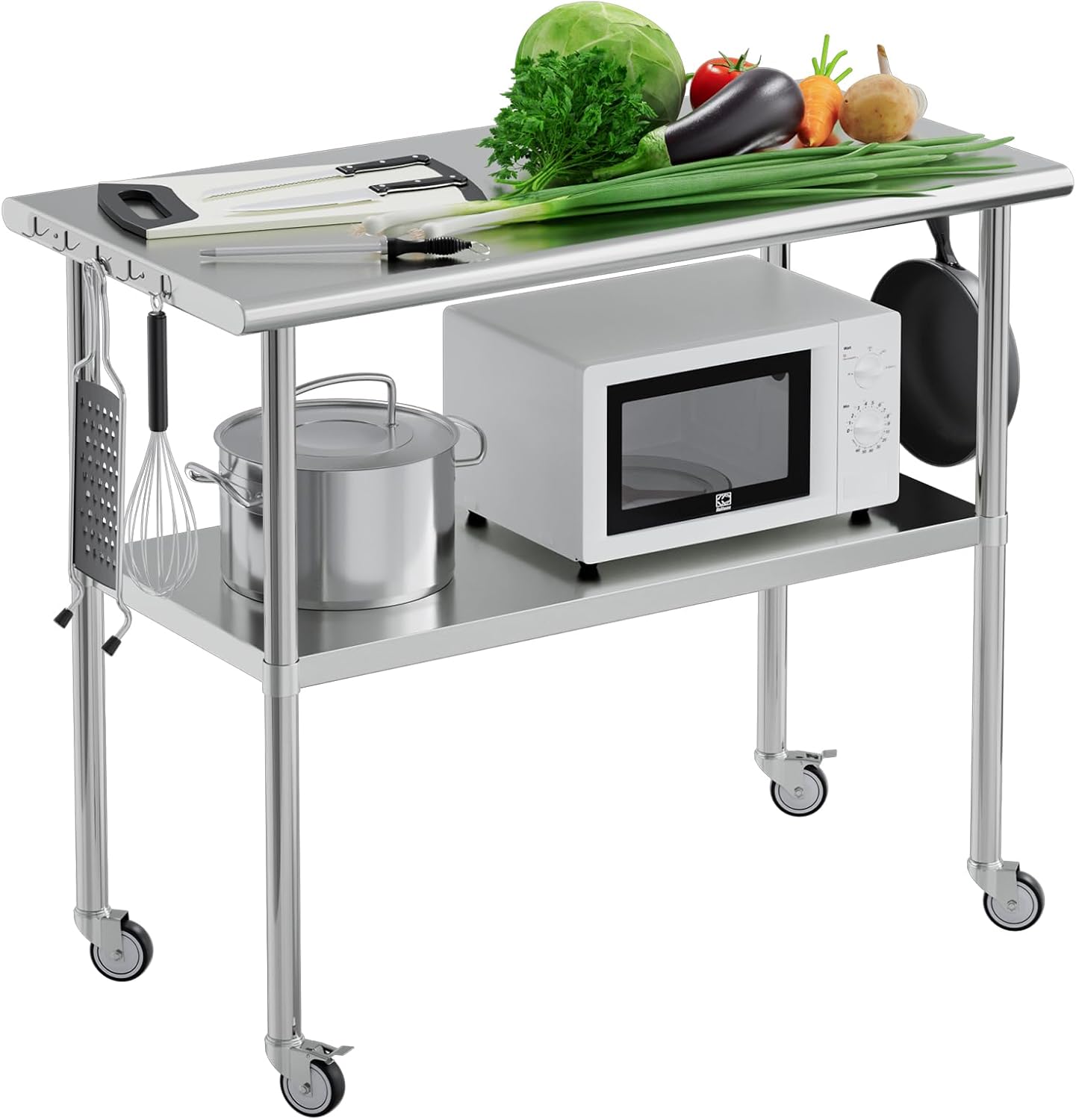 Stainless Steel Work Table 24x48 for Prep with Wheels and Hooks - Adjustable Height, Mobile Large Workspace, Easy Assembly, Ideal for Kitchen, Restaurant, Home, Workshop,Hotel