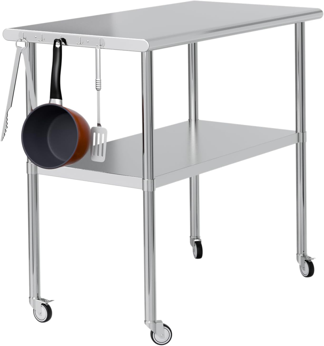 Stainless Steel Work Table 24x48 for Prep with Wheels and Hooks - Adjustable Height, Mobile Large Workspace, Easy Assembly, Ideal for Kitchen, Restaurant, Home, Workshop,Hotel