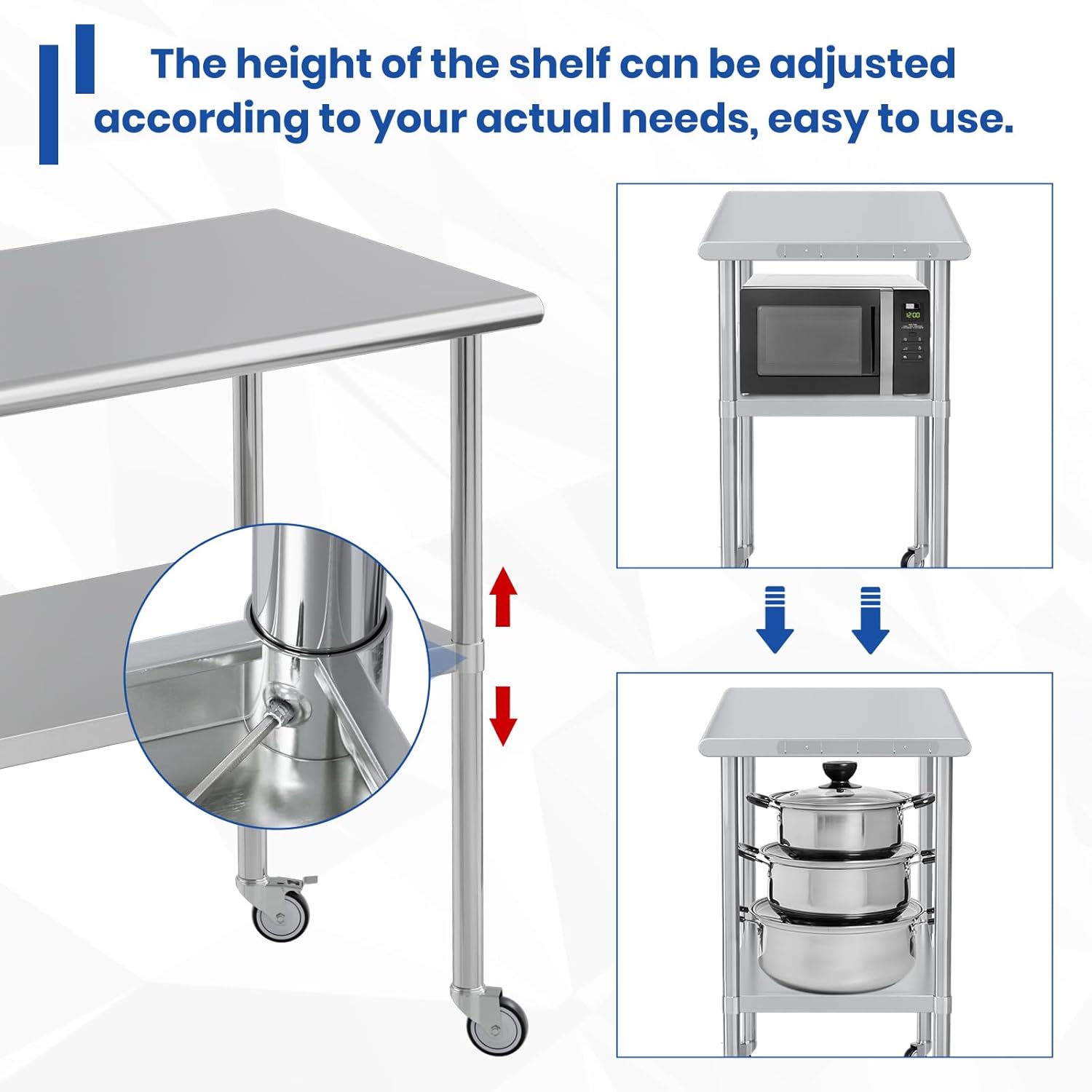 Stainless Steel Work Table 24x48 for Prep with Wheels and Hooks - Adjustable Height, Mobile Large Workspace, Easy Assembly, Ideal for Kitchen, Restaurant, Home, Workshop,Hotel