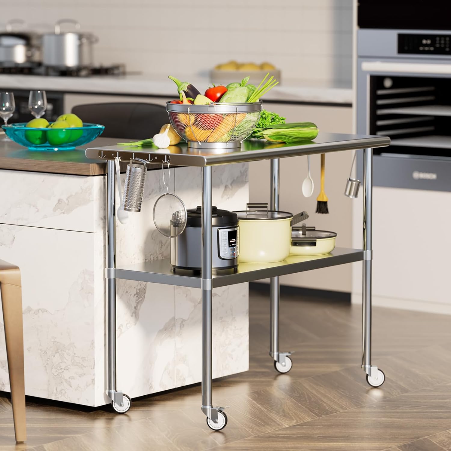 Stainless Steel Work Table 24x48 for Prep with Wheels and Hooks - Adjustable Height, Mobile Large Workspace, Easy Assembly, Ideal for Kitchen, Restaurant, Home, Workshop,Hotel