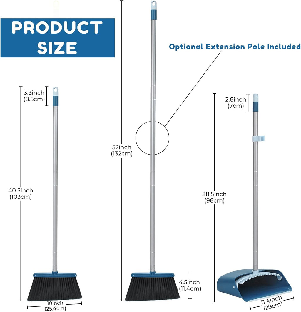 Standing Dustpan and Broom Set with 52" Long Extendable Handle for Home, Indoor, Kitchen Room Office Lobby Floor Cleaning