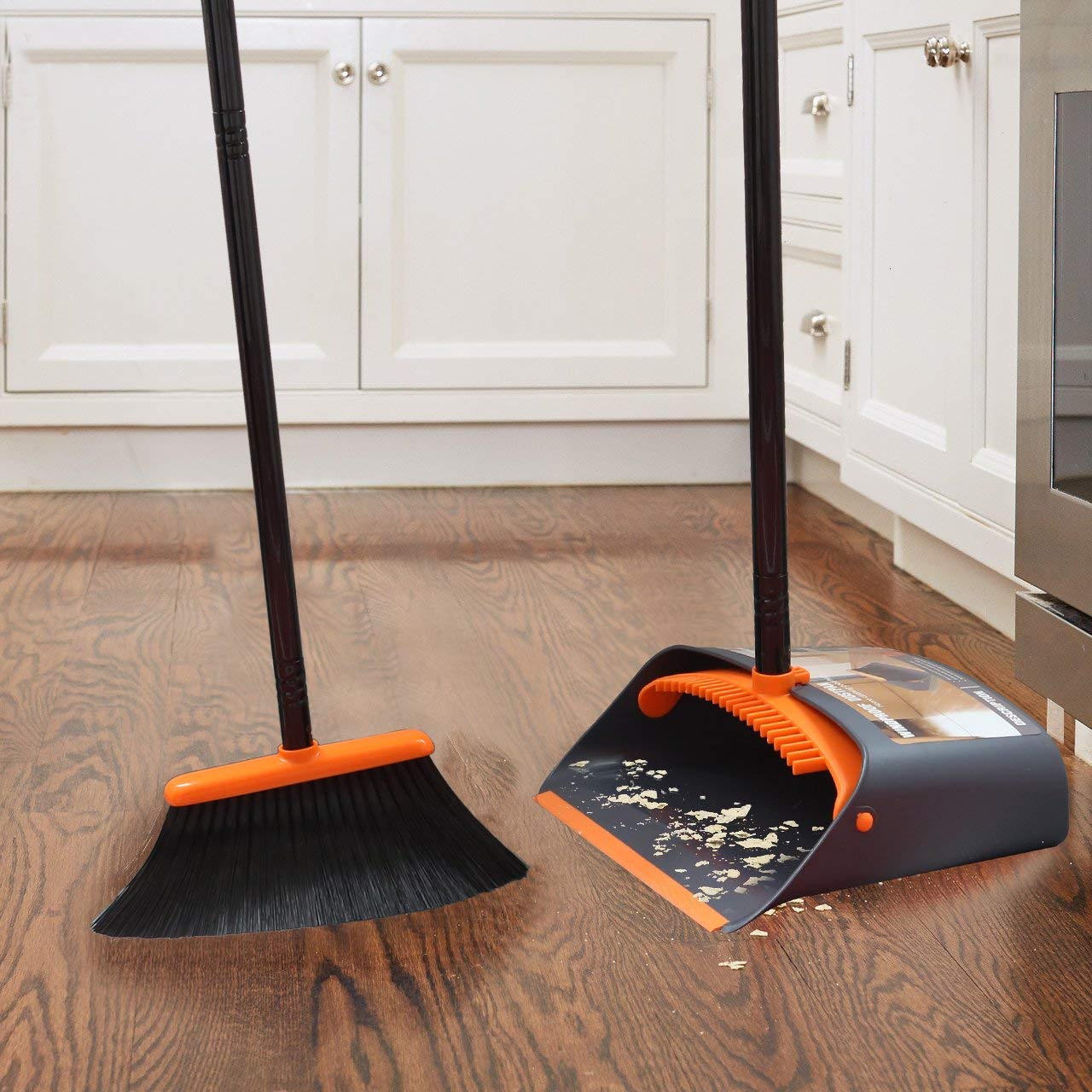 Broom and Dustpan Set, Sweep Set, Upright Broom and Dust pan Combo with 54 Inch Long Handle, Orange and Dark Grey