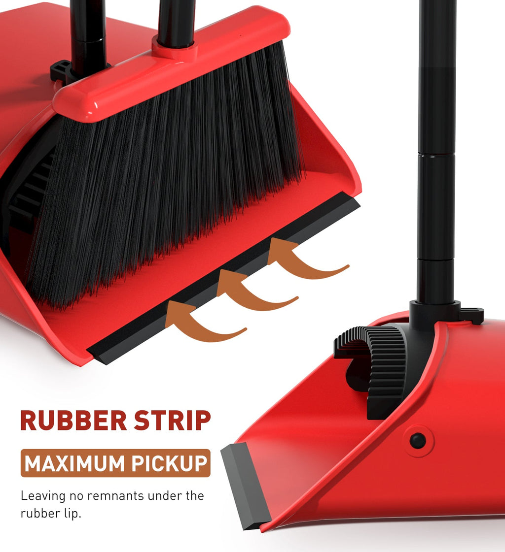 SONCAL Broom and Dustpan Set，Extendable 52" Brooms for Sweeping Indoor Broom with Dustpan Combo Set for Home Kitchen Office Lobby Floor Standing Dust Pan-Red&Black
