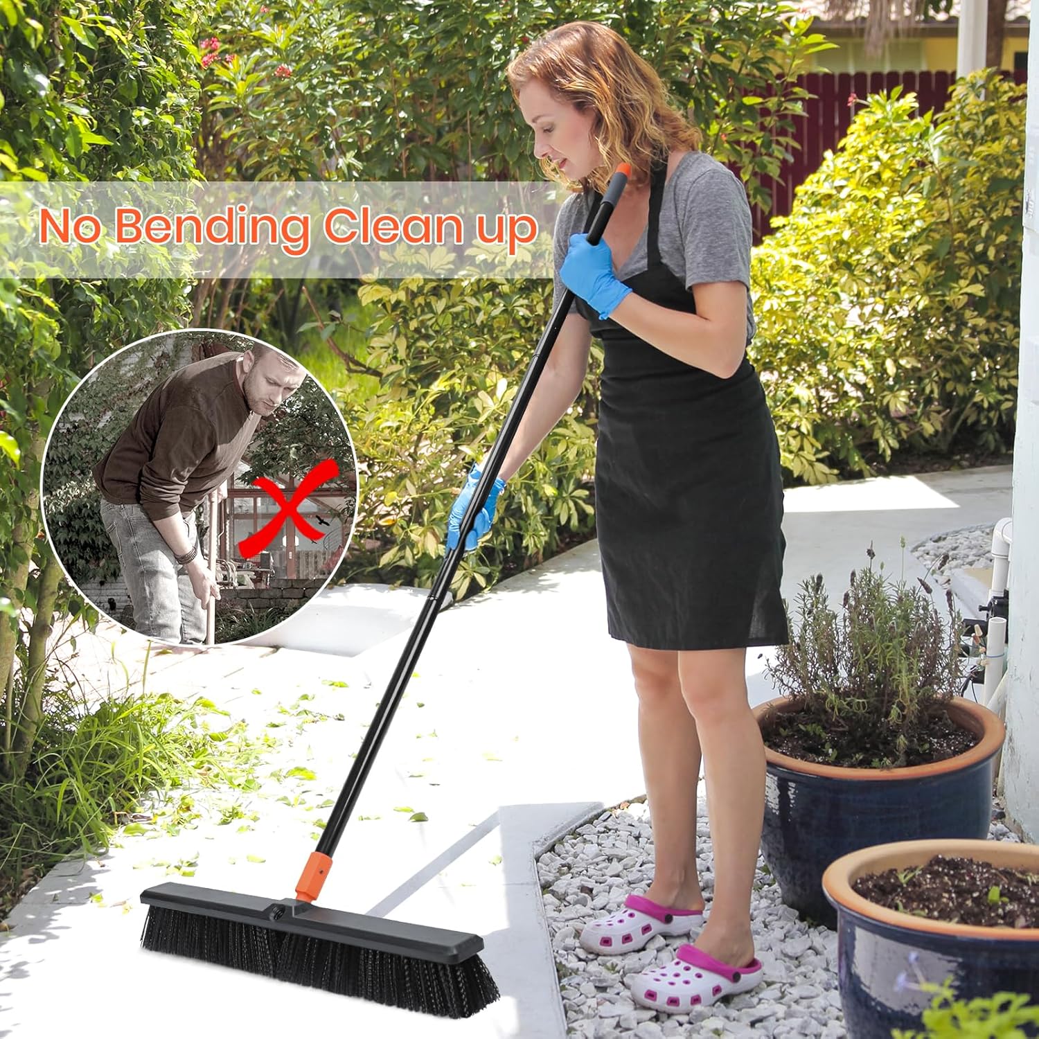 24" Push Broom Outdoor, 63" Long Handle Stiff Bristles Heavy Duty Angle Shop Broom for Sweeping Deck, Yard, Patio, Garden and Concrete Floor
