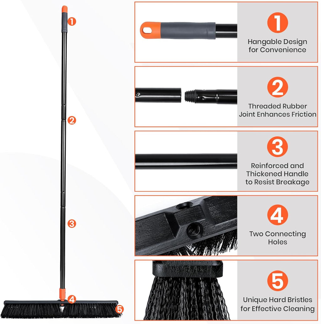 24" Push Broom Outdoor, 63" Long Handle Stiff Bristles Heavy Duty Angle Shop Broom for Sweeping Deck, Yard, Patio, Garden and Concrete Floor