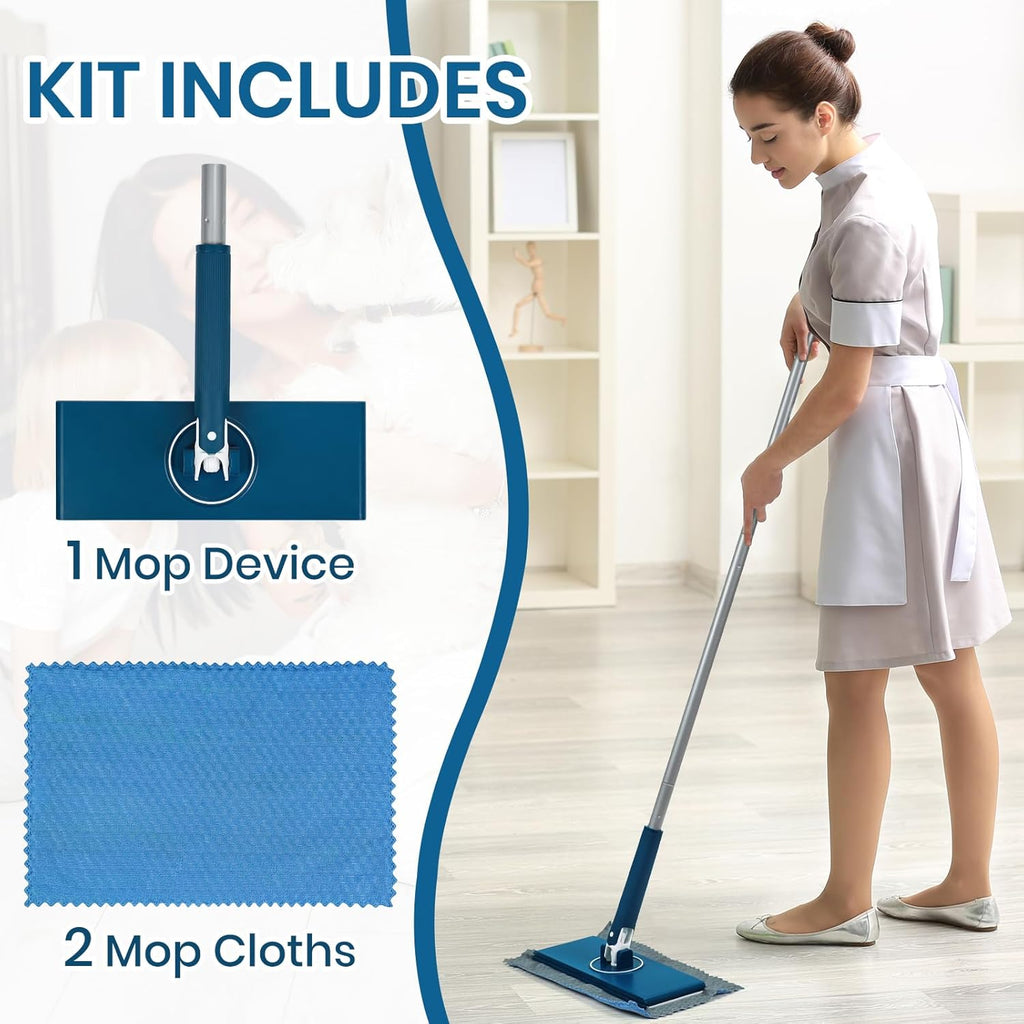 Sweeper Mop Kit Compatible with Swiffer Pads, Small Flat Mop with 2 Reusable Mop Cloths for Hardwood Kitchen Bathroom Pet Hair