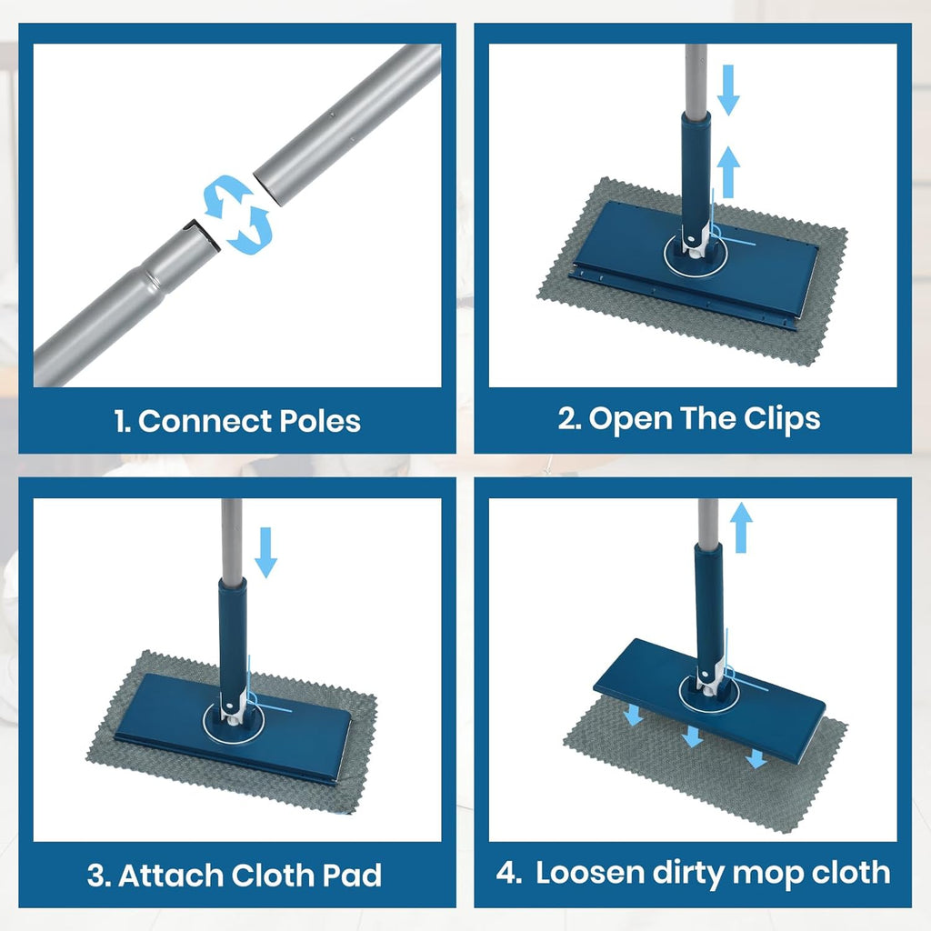 Sweeper Mop Kit Compatible with Swiffer Pads, Small Flat Mop with 2 Reusable Mop Cloths for Hardwood Kitchen Bathroom Pet Hair