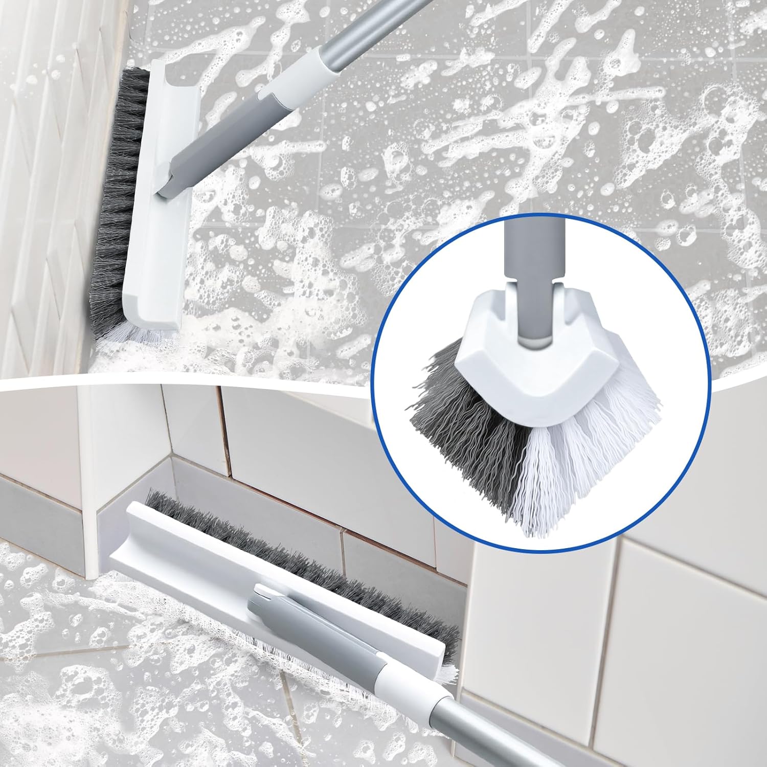 Grout Scrub Brush with Long Handle 57" Double-Sided Floor Scrub Brush V-Shape Grout Cleaning Brush for Tile Floors, Baseboards, Wall, Corners and Deck
