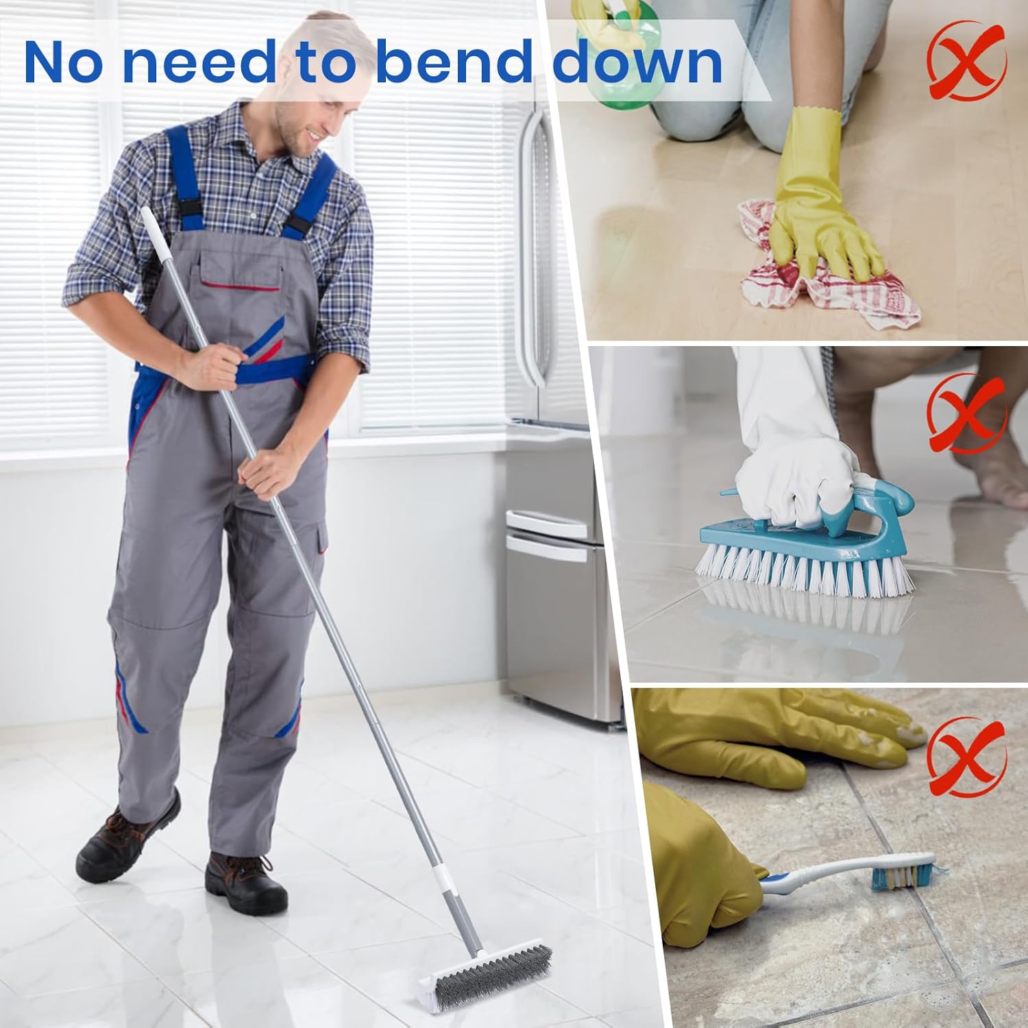Grout Scrub Brush with Long Handle 57" Double-Sided Floor Scrub Brush V-Shape Grout Cleaning Brush for Tile Floors, Baseboards, Wall, Corners and Deck