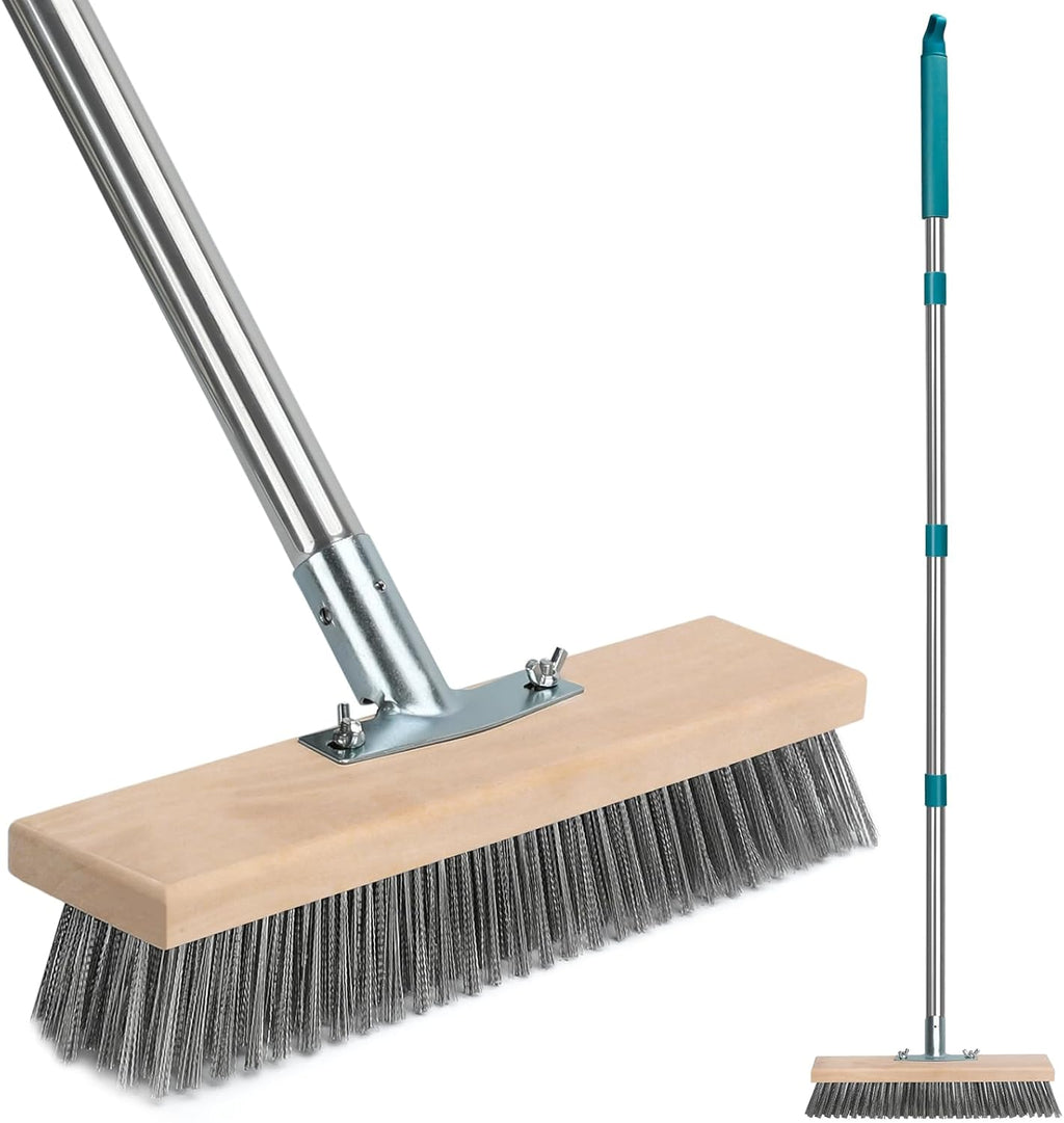Stainless Steel Deck Scrub Brush with Long Handle, Outdoor Broom for Concrete, Deck, Patio Floor Cleaning, 53" Long Handled Heavy Duty Floor Scrubber for Outdoor Moss Removal
