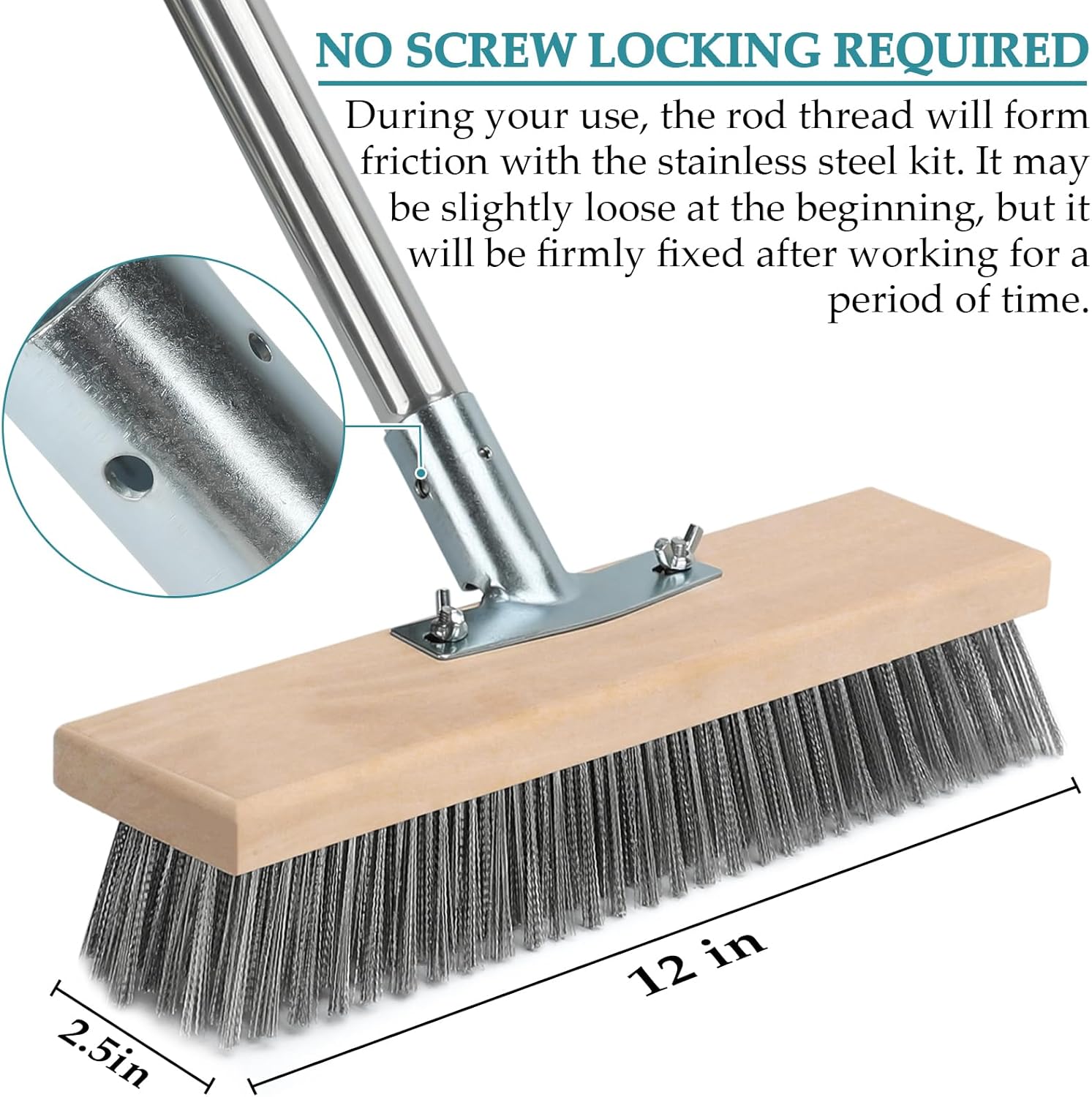 Stainless Steel Deck Scrub Brush with Long Handle, Outdoor Broom for Concrete, Deck, Patio Floor Cleaning, 53" Long Handled Heavy Duty Floor Scrubber for Outdoor Moss Removal