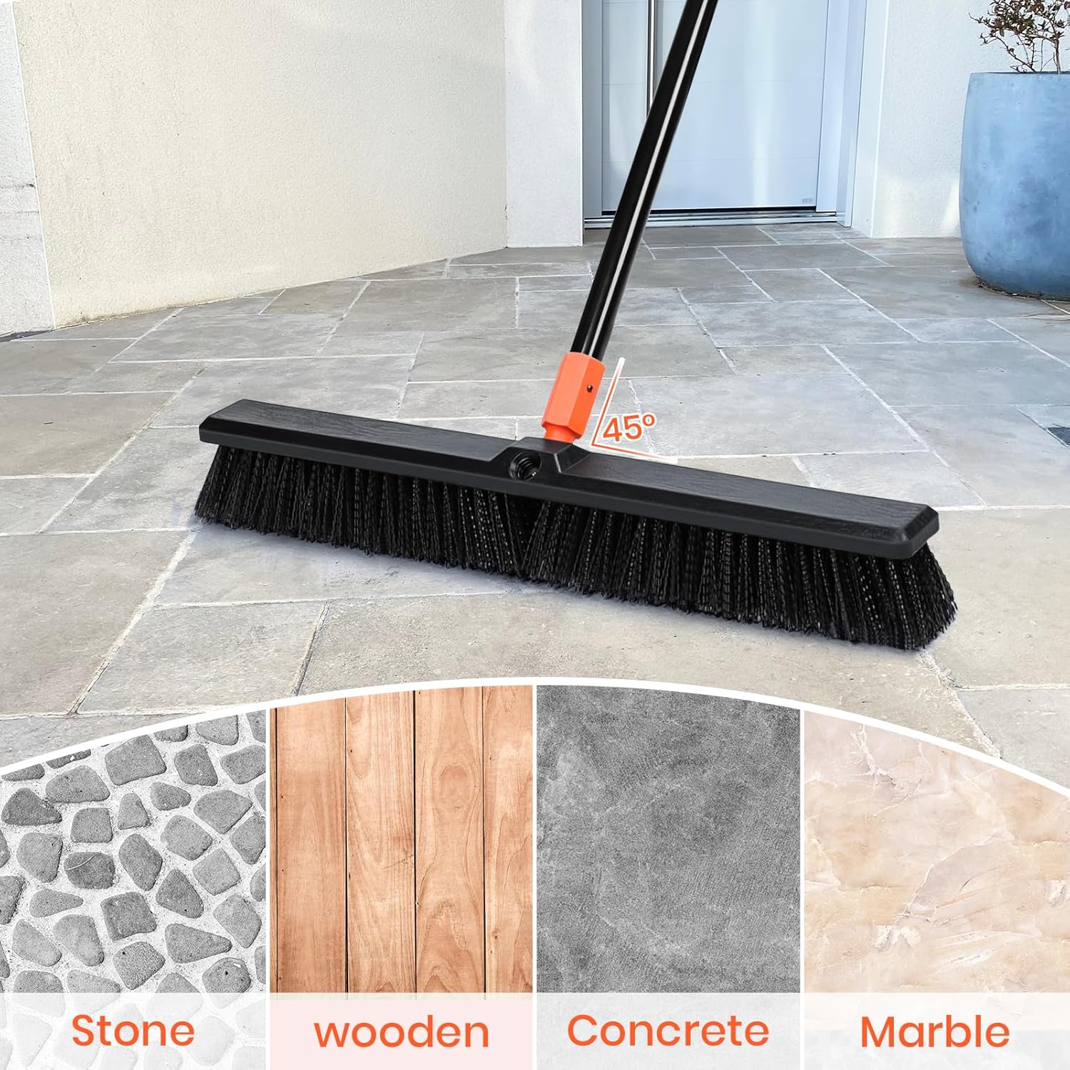 24" Push Broom Outdoor, 63" Long Handle Stiff Bristles Heavy Duty Angle Shop Broom for Sweeping Deck, Yard, Patio, Garden and Concrete Floor