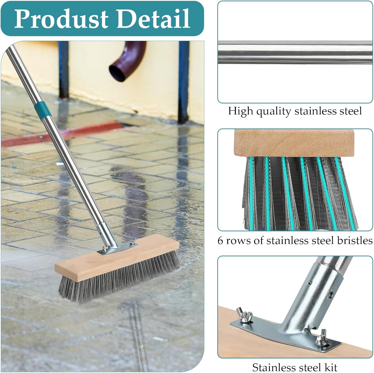 Stainless Steel Deck Scrub Brush with Long Handle, Outdoor Broom for Concrete, Deck, Patio Floor Cleaning, 53" Long Handled Heavy Duty Floor Scrubber for Outdoor Moss Removal